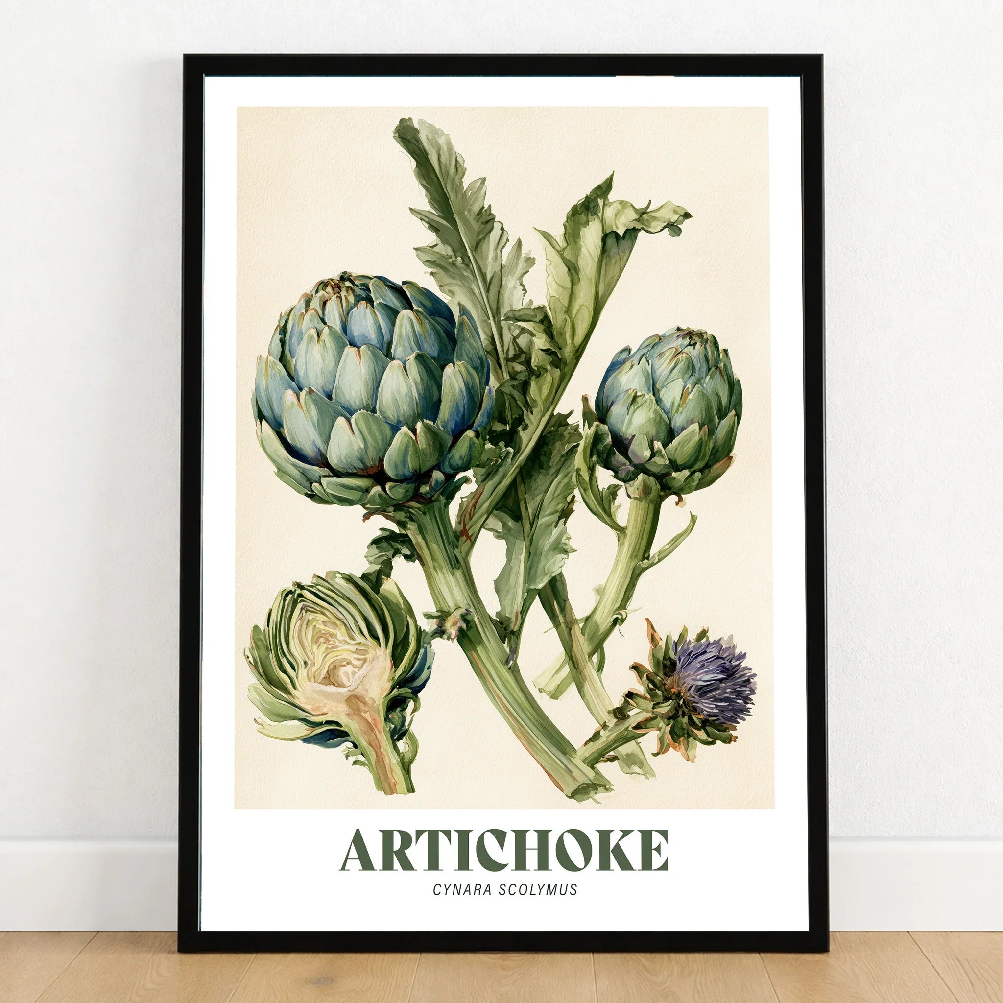 Artichoke Botanical Kitchen Wall Art - art print in black frame on wooden floor