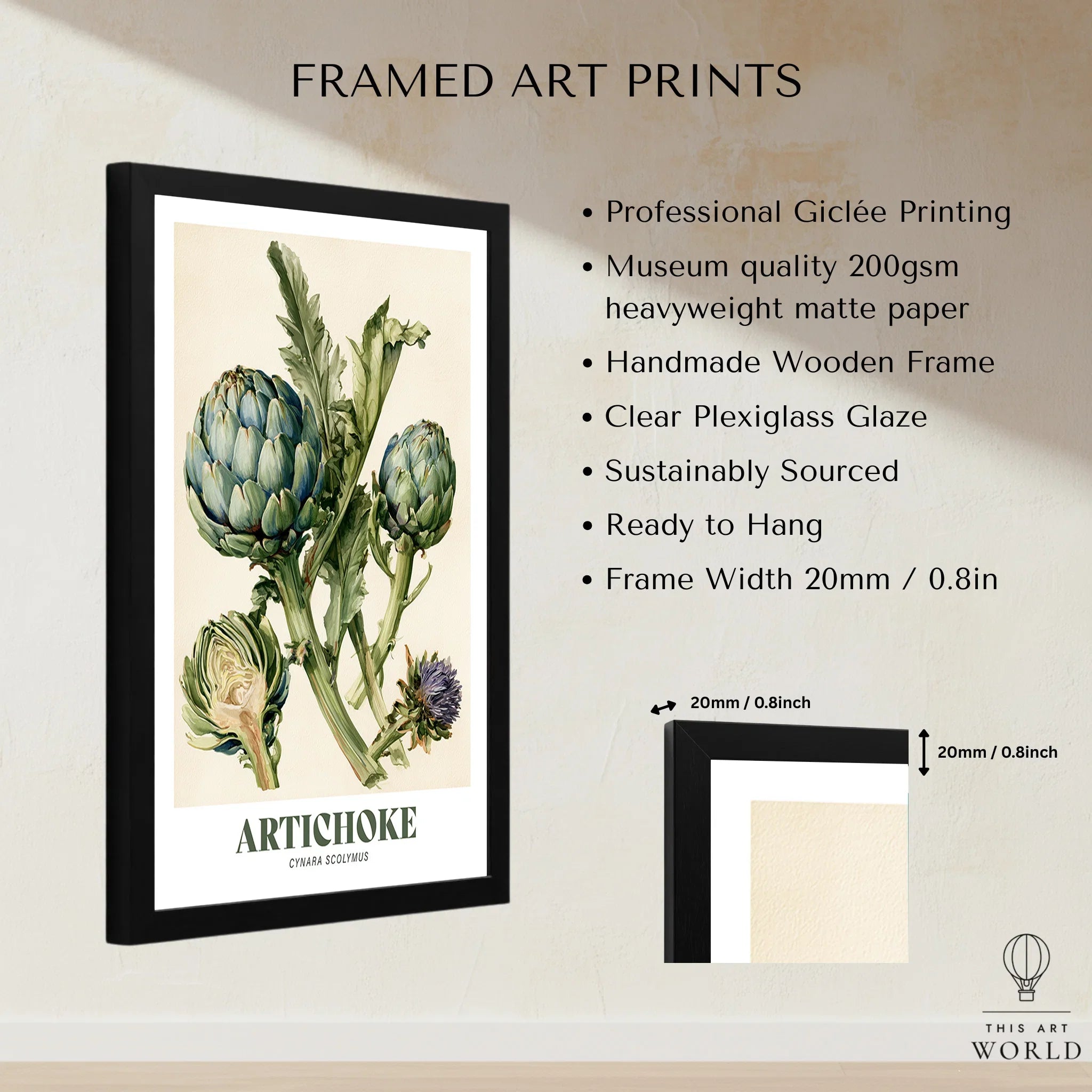 Artichoke Botanical Kitchen Wall Art - framed print details measurements quality details