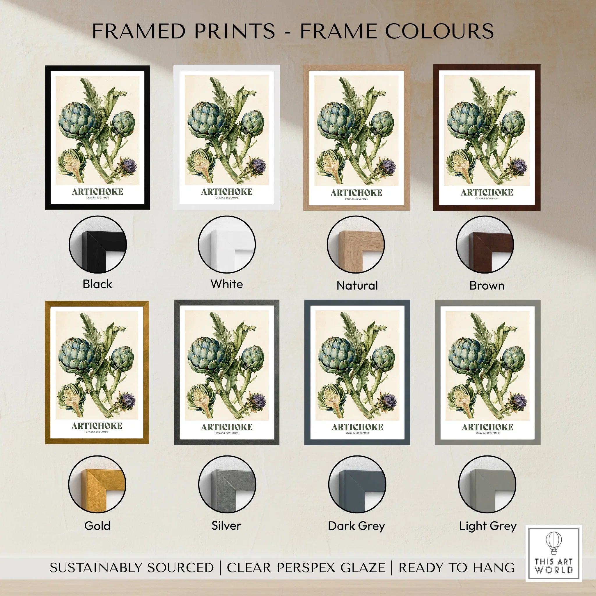 Artichoke Botanical Kitchen Wall Art - framed print colour options