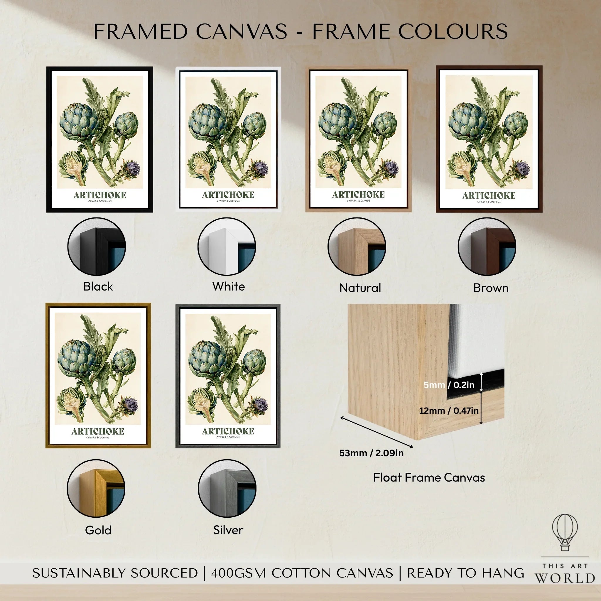 Artichoke Botanical Kitchen Wall Art - framed canvas float frame colour options