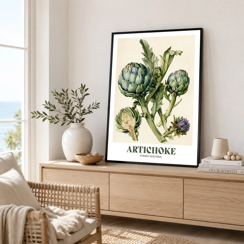 Artichoke Botanical Kitchen Wall Art - framed artwork living room lifestyle setting