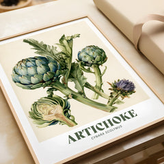 Artichoke Botanical Kitchen Wall Art - framed art print closeup gift unwrapped natural frame