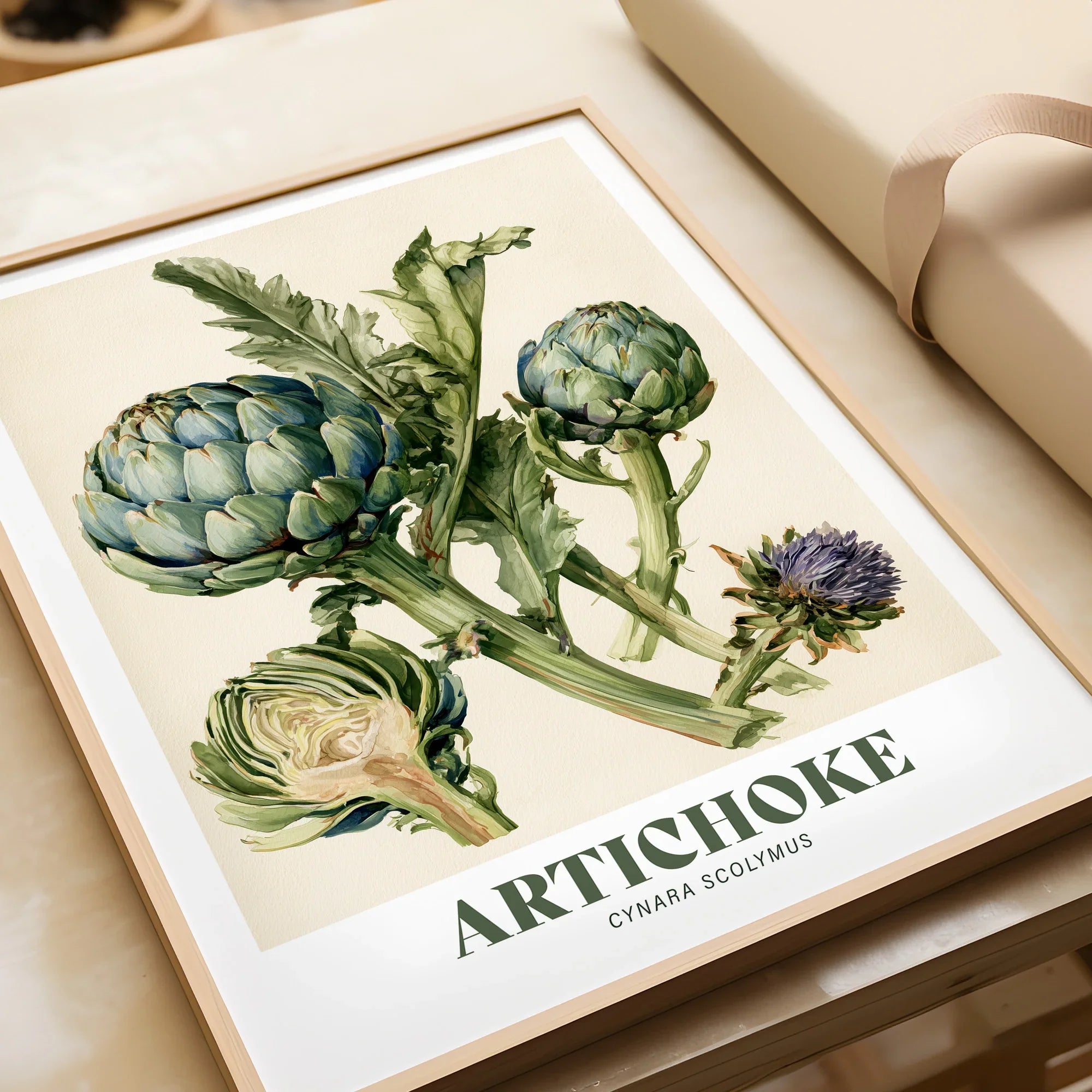 Artichoke Botanical Kitchen Wall Art - framed art print closeup gift unwrapped natural frame