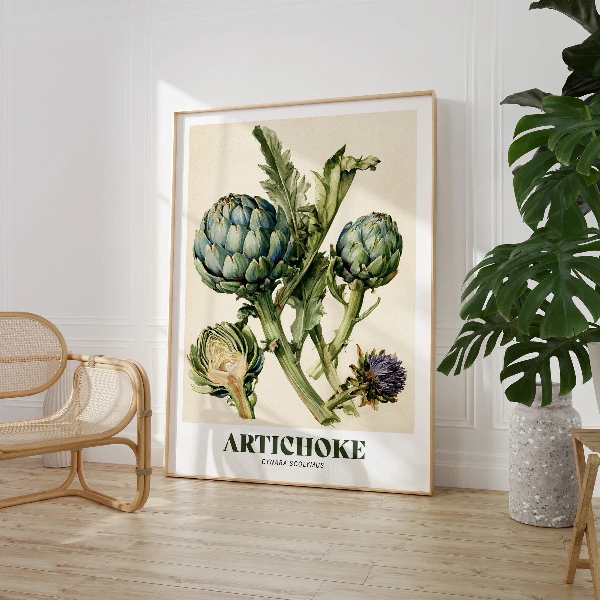 Artichoke Botanical Kitchen Wall Art - large framed print room setting chair plant