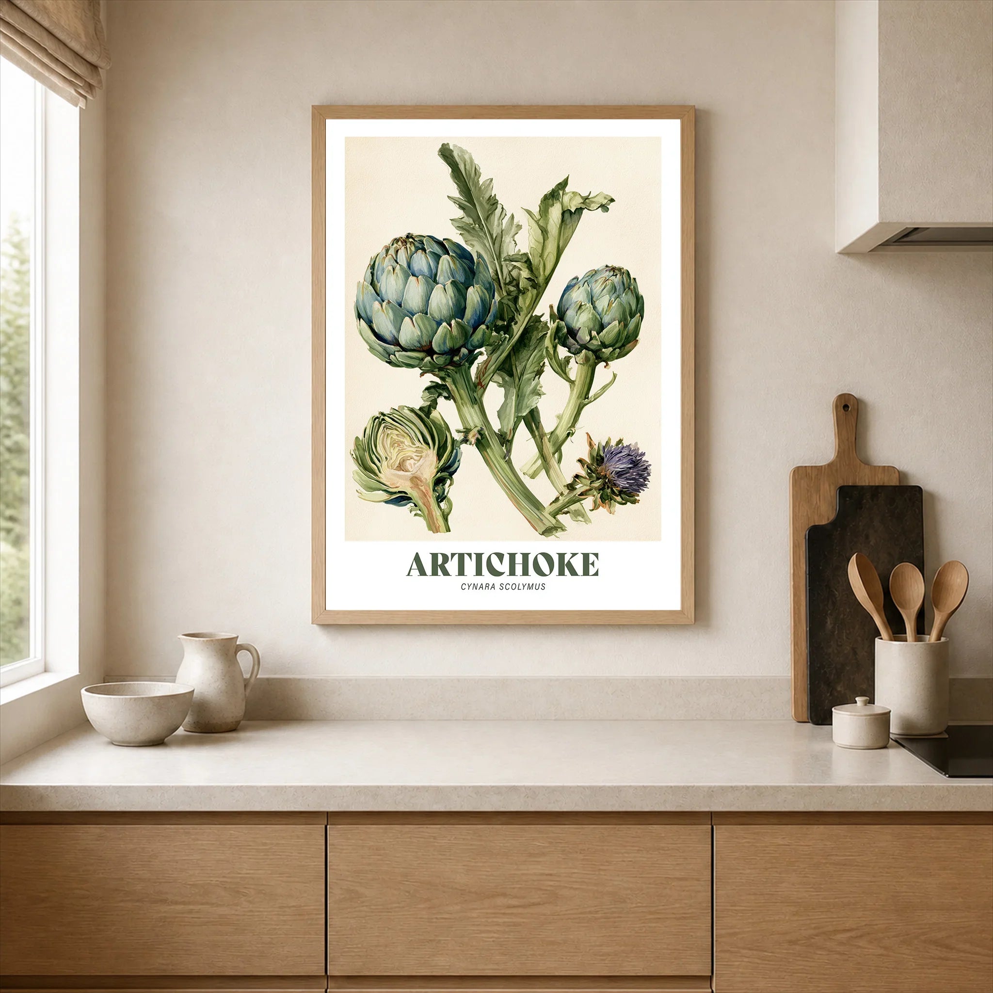 Artichoke Botanical Kitchen Wall Art - neutral kitchen single frame mockup This Art World