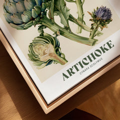Artichoke Botanical Kitchen Wall Art - closeup framed canvas natural wood floating frame