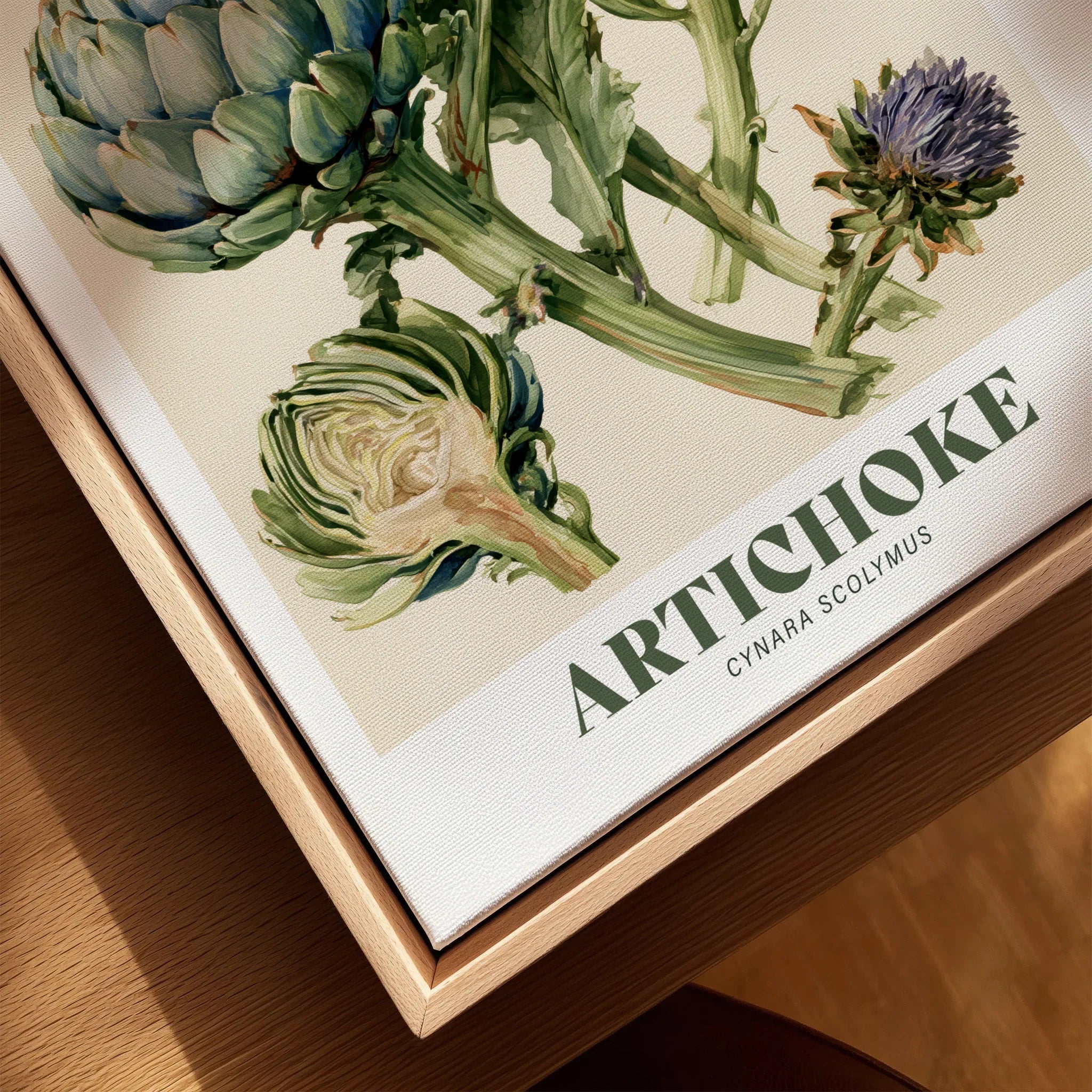 Artichoke Botanical Kitchen Wall Art - closeup framed canvas natural wood floating frame