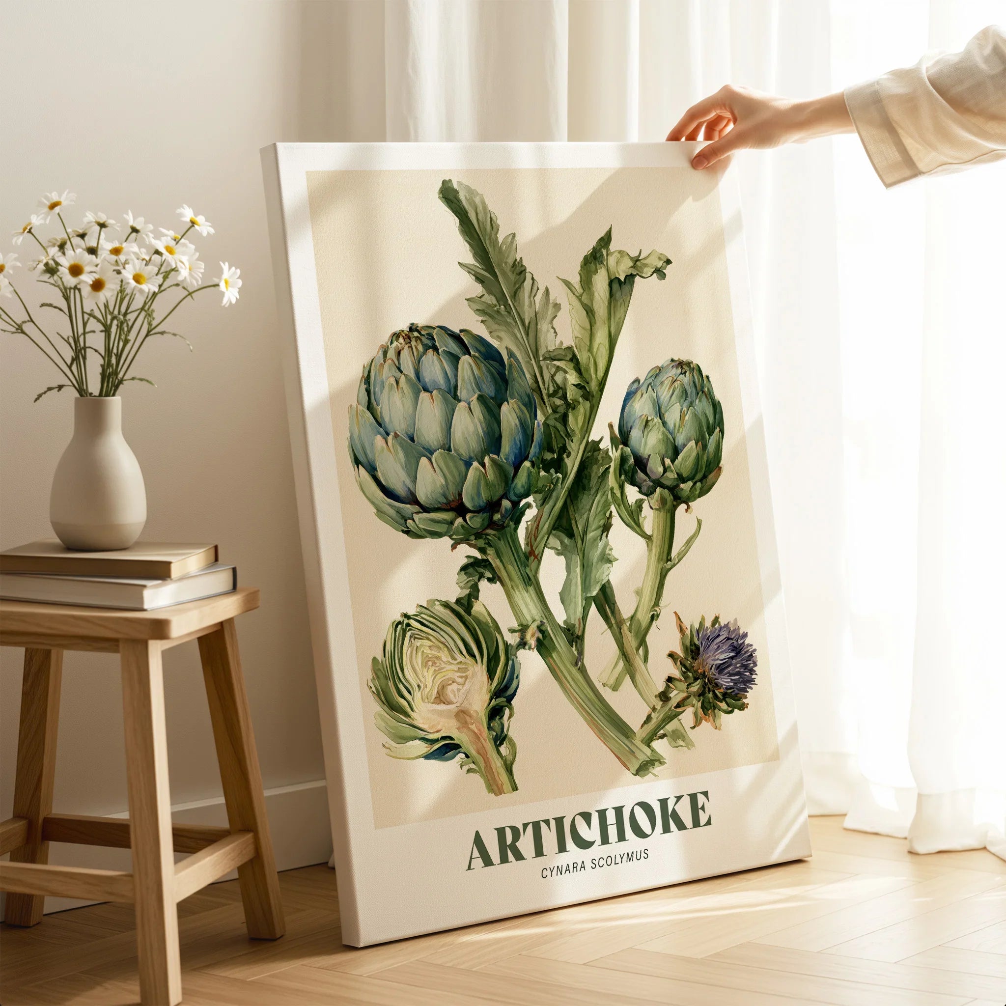 Artichoke Botanical Kitchen Wall Art - canvas print mirror edge hand holding room setting