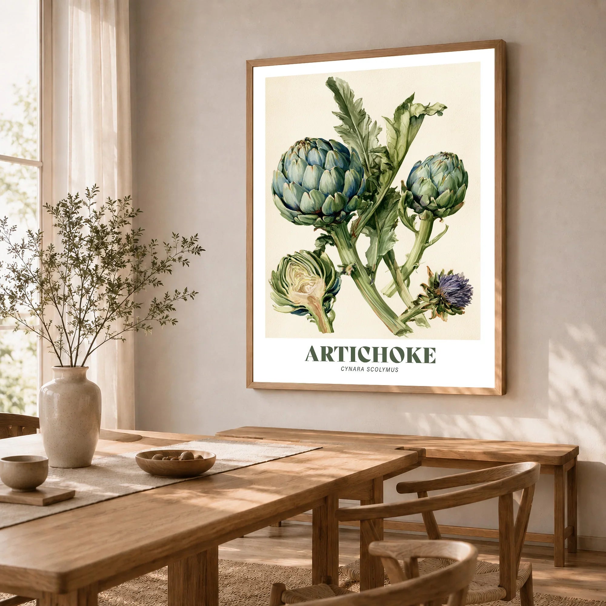 Artichoke Botanical Kitchen Wall Art - dining room framed print natural wood frame mockup ThisArtWorld