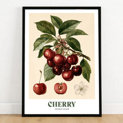 Cherry Botanical Kitchen Wall Art - art print in black frame on wooden floor