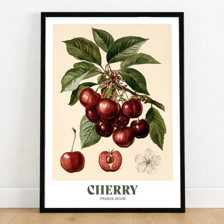 Cherry Botanical Kitchen Wall Art - art print in black frame on wooden floor