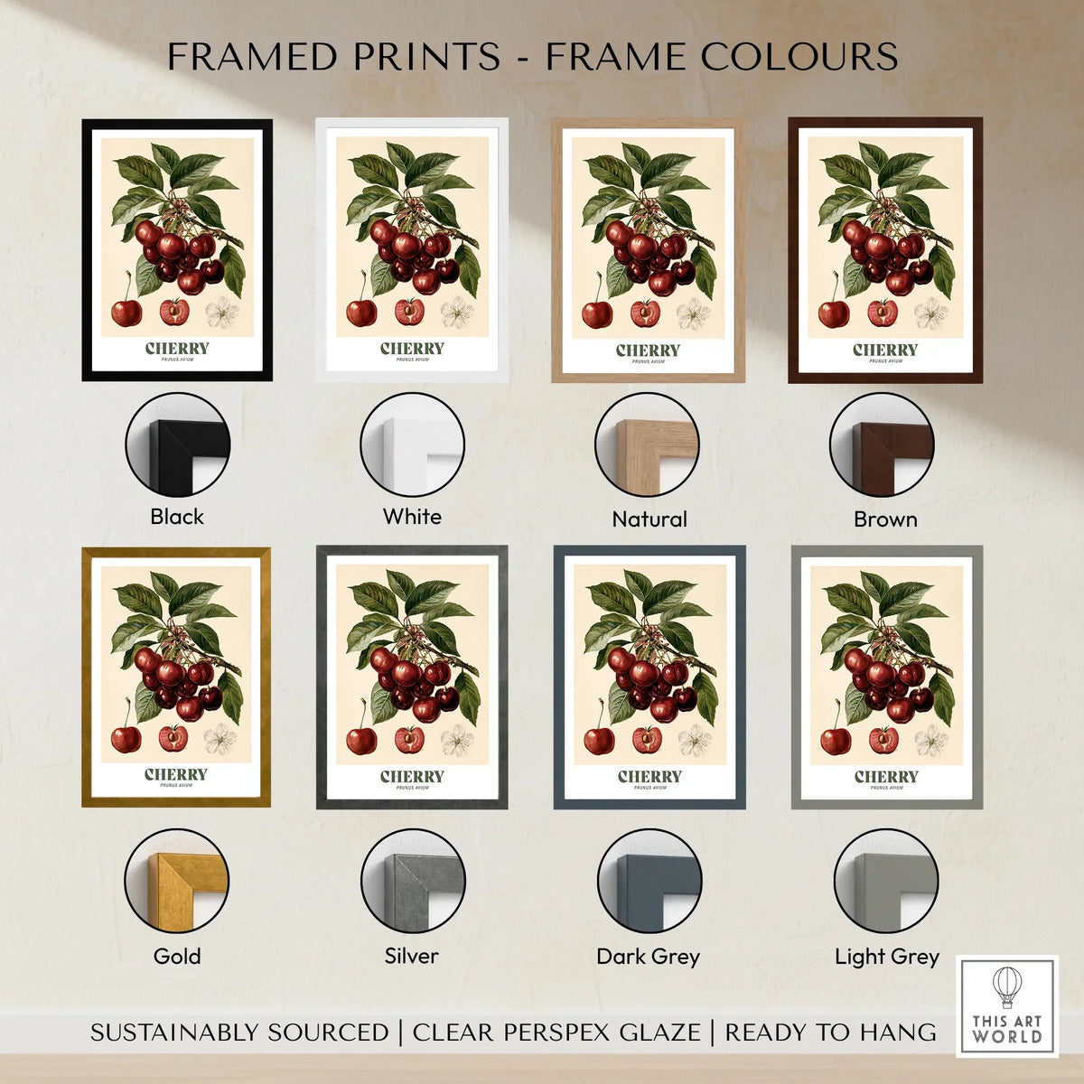 Cherry Botanical Kitchen Wall Art - framed print colour options