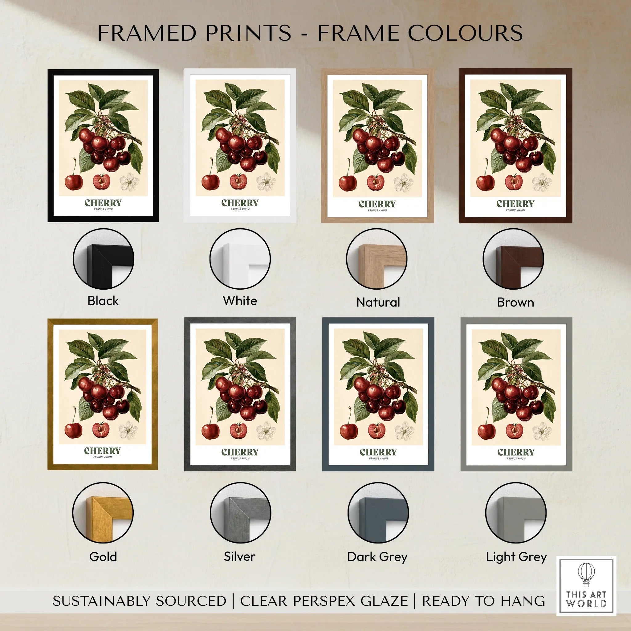 Cherry Botanical Kitchen Wall Art - framed print colour options