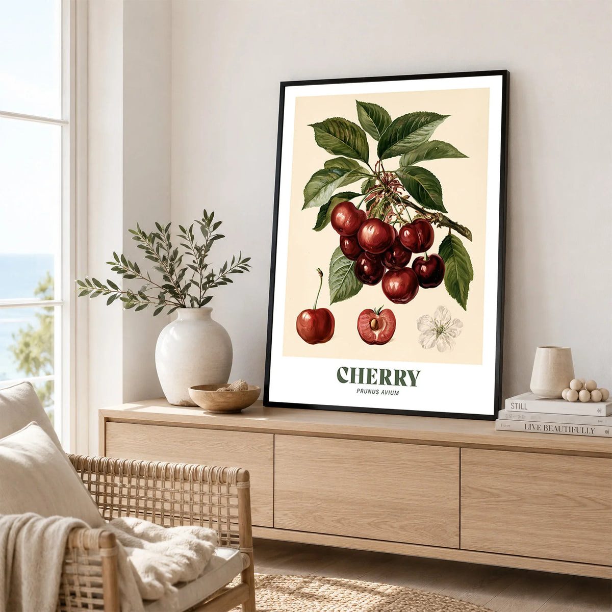 Cherry Botanical Kitchen Wall Art - framed artwork living room lifestyle setting