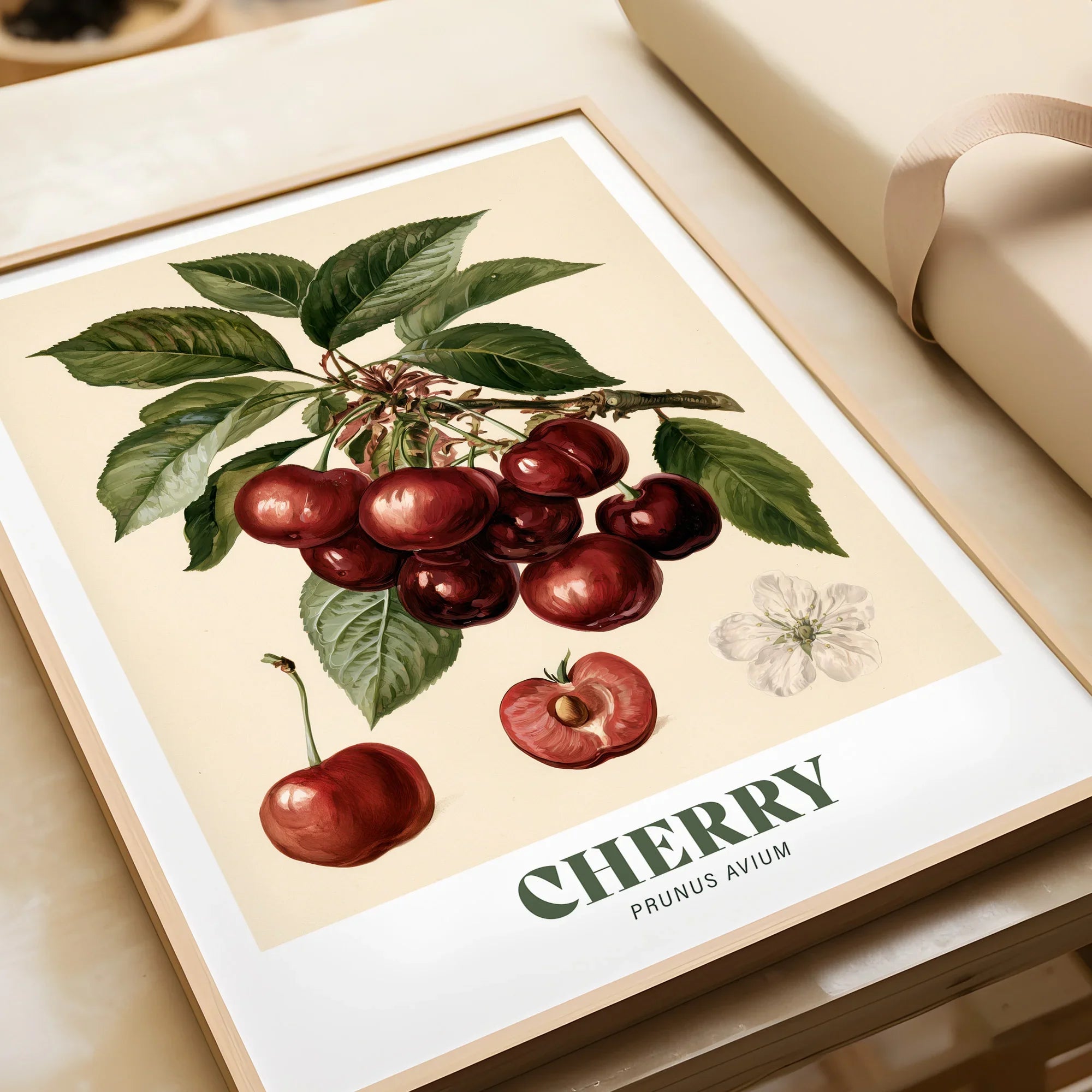 Cherry Botanical Kitchen Wall Art - framed art print closeup gift unwrapped natural frame