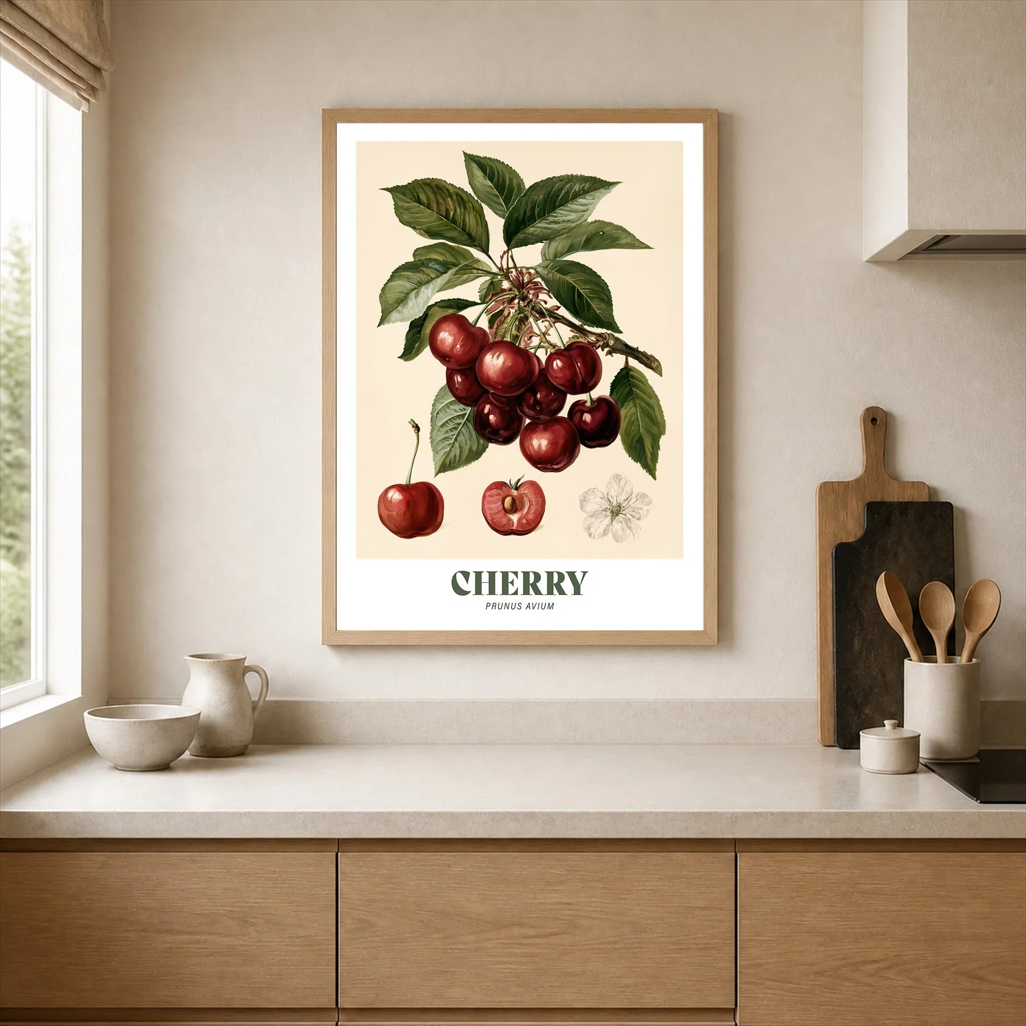 Cherry Botanical Kitchen Wall Art - neutral kitchen single frame mockup This Art World
