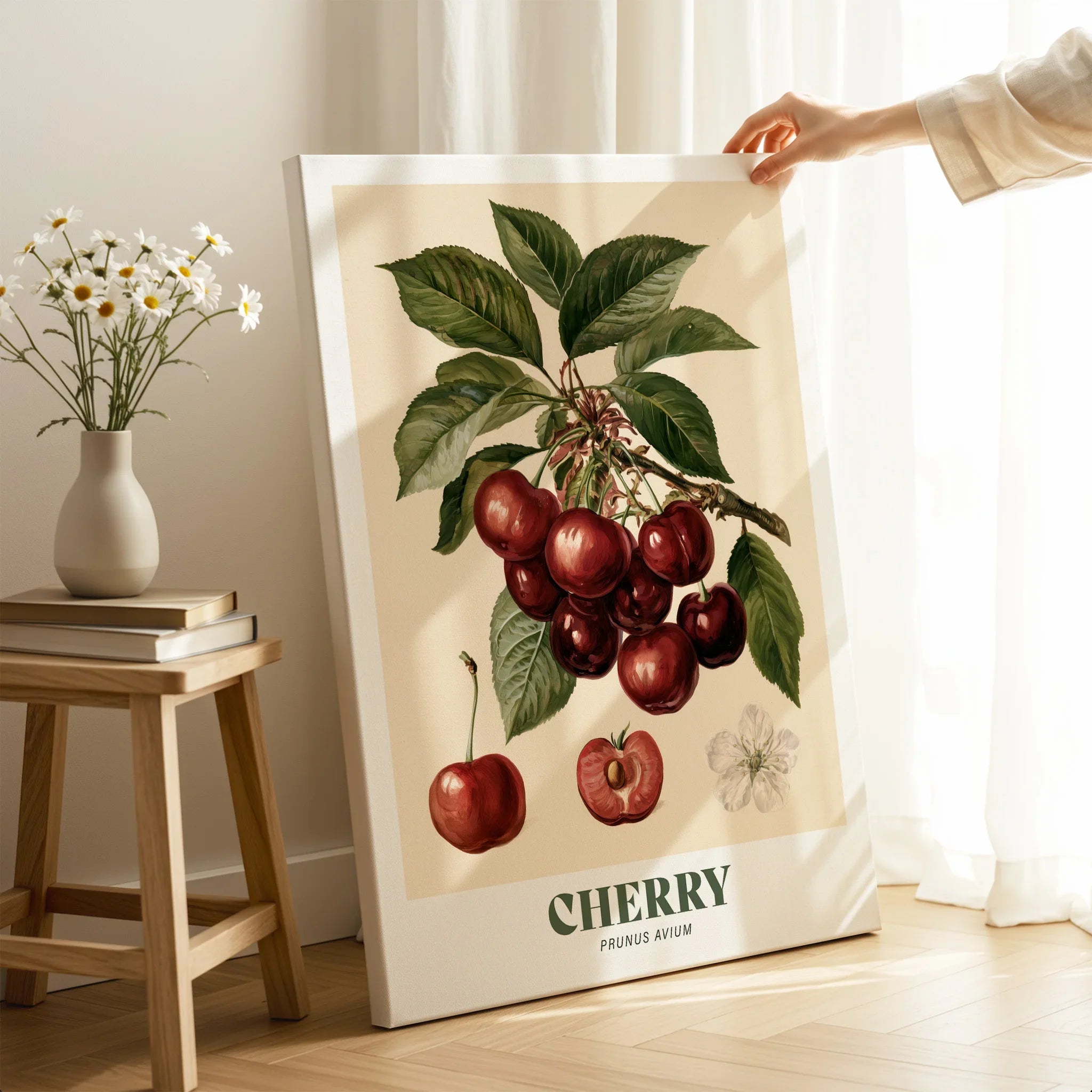 Cherry Botanical Kitchen Wall Art - canvas print mirror edge hand holding room setting