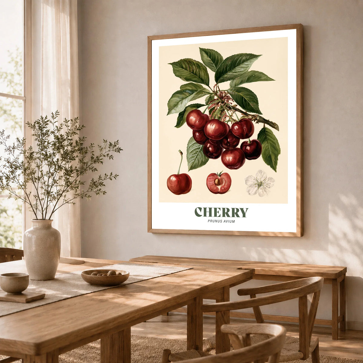 Cherry Botanical Kitchen Wall Art - dining room framed print natural wood frame mockup ThisArtWorld