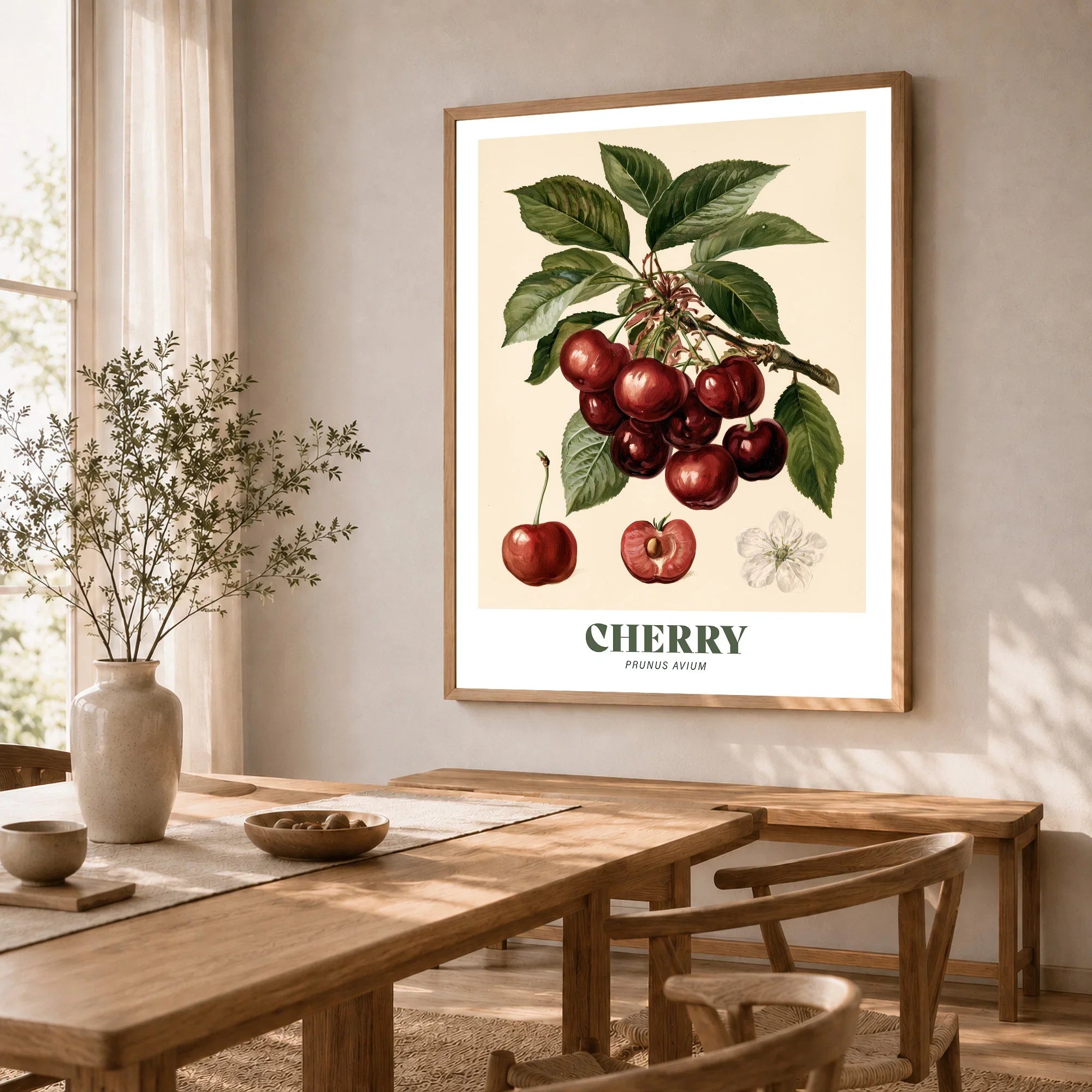 Cherry Botanical Kitchen Wall Art - dining room framed print natural wood frame mockup ThisArtWorld