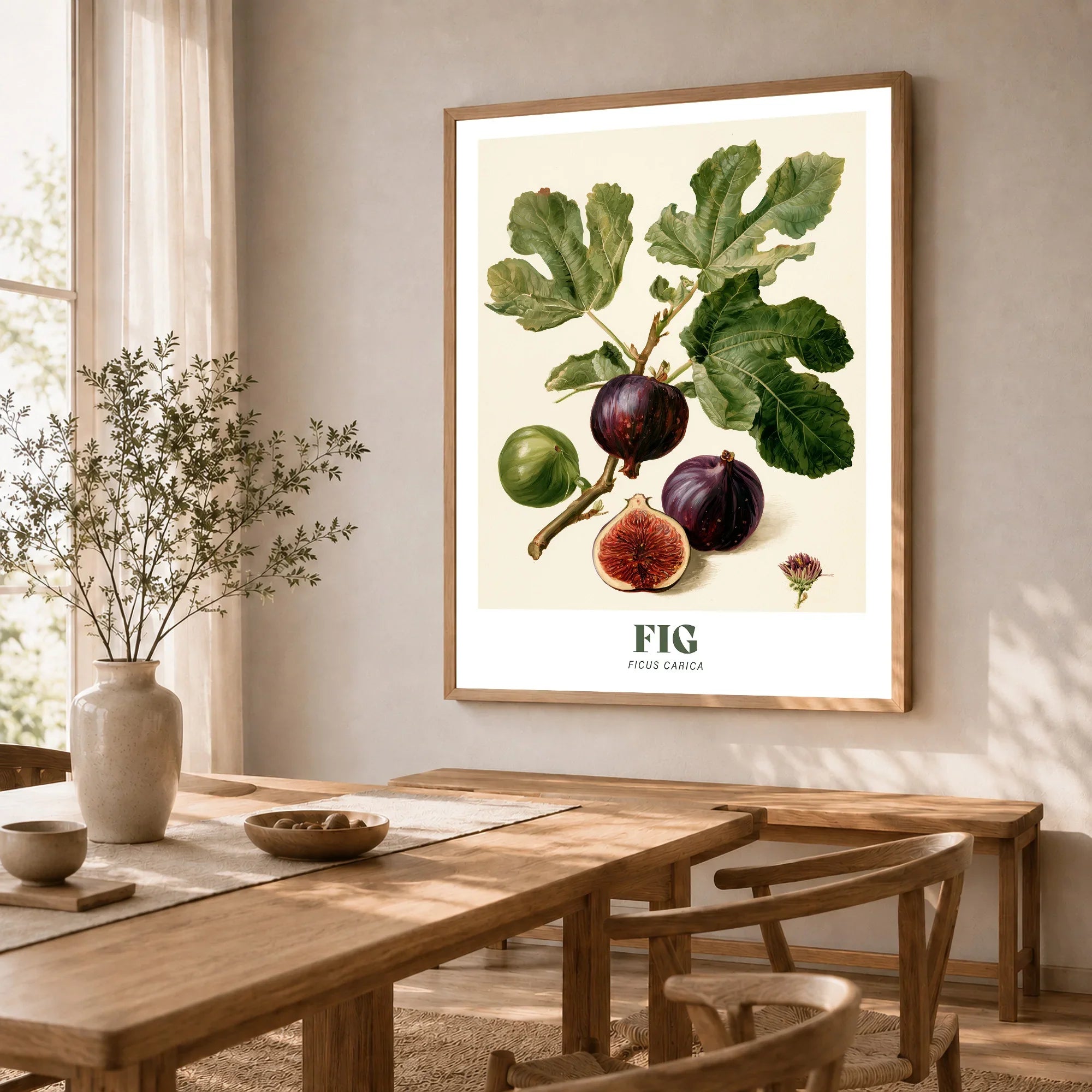 Fig Botanical Kitchen Wall Art - dining room framed print natural wood frame mockup ThisArtWorld