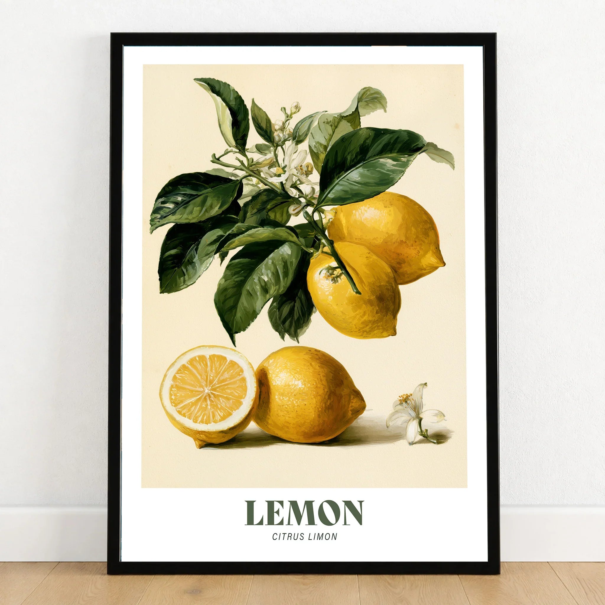 Lemon Botanical Kitchen Wall Art - art print in black frame on wooden floor