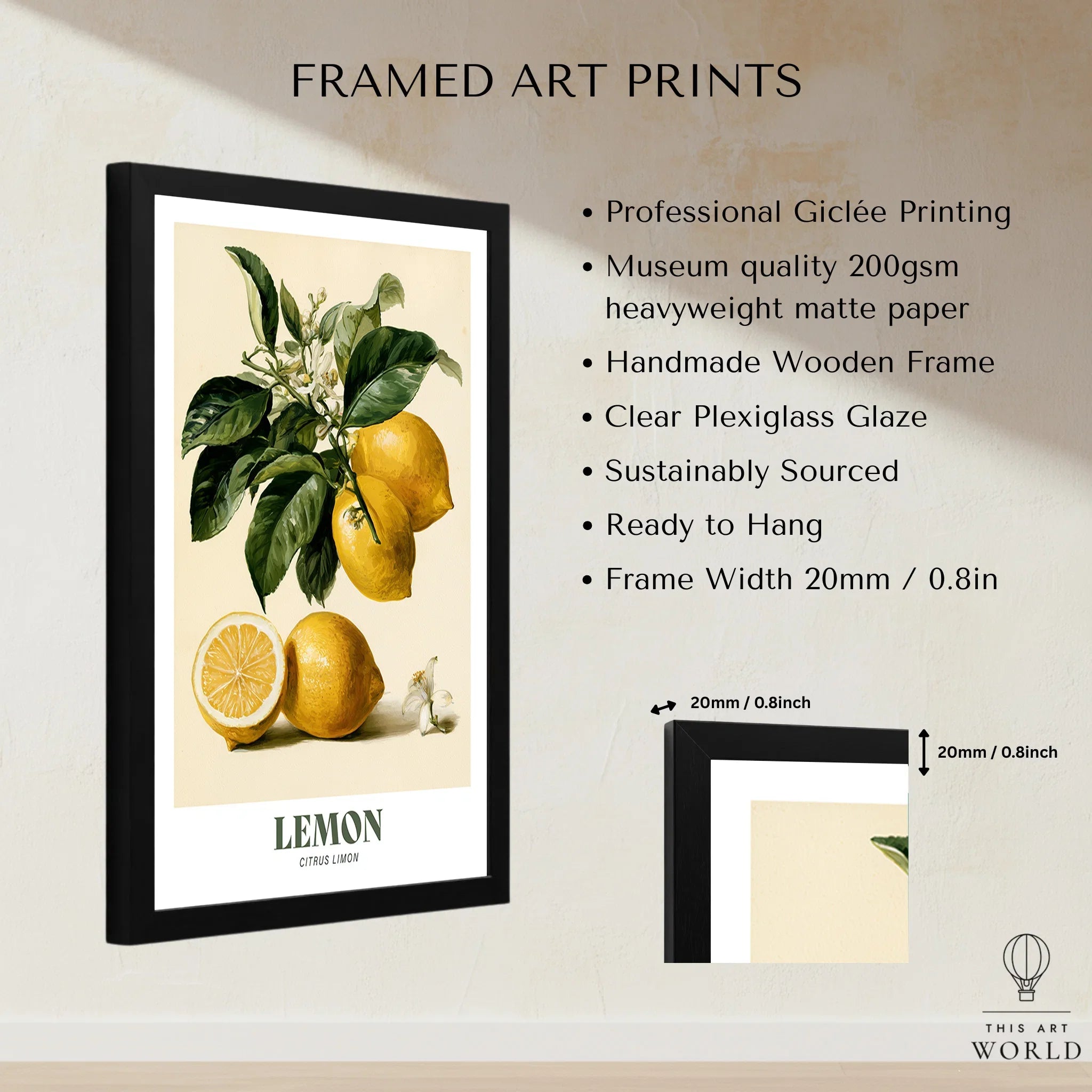 Lemon Botanical Kitchen Wall Art - framed print details measurements quality details