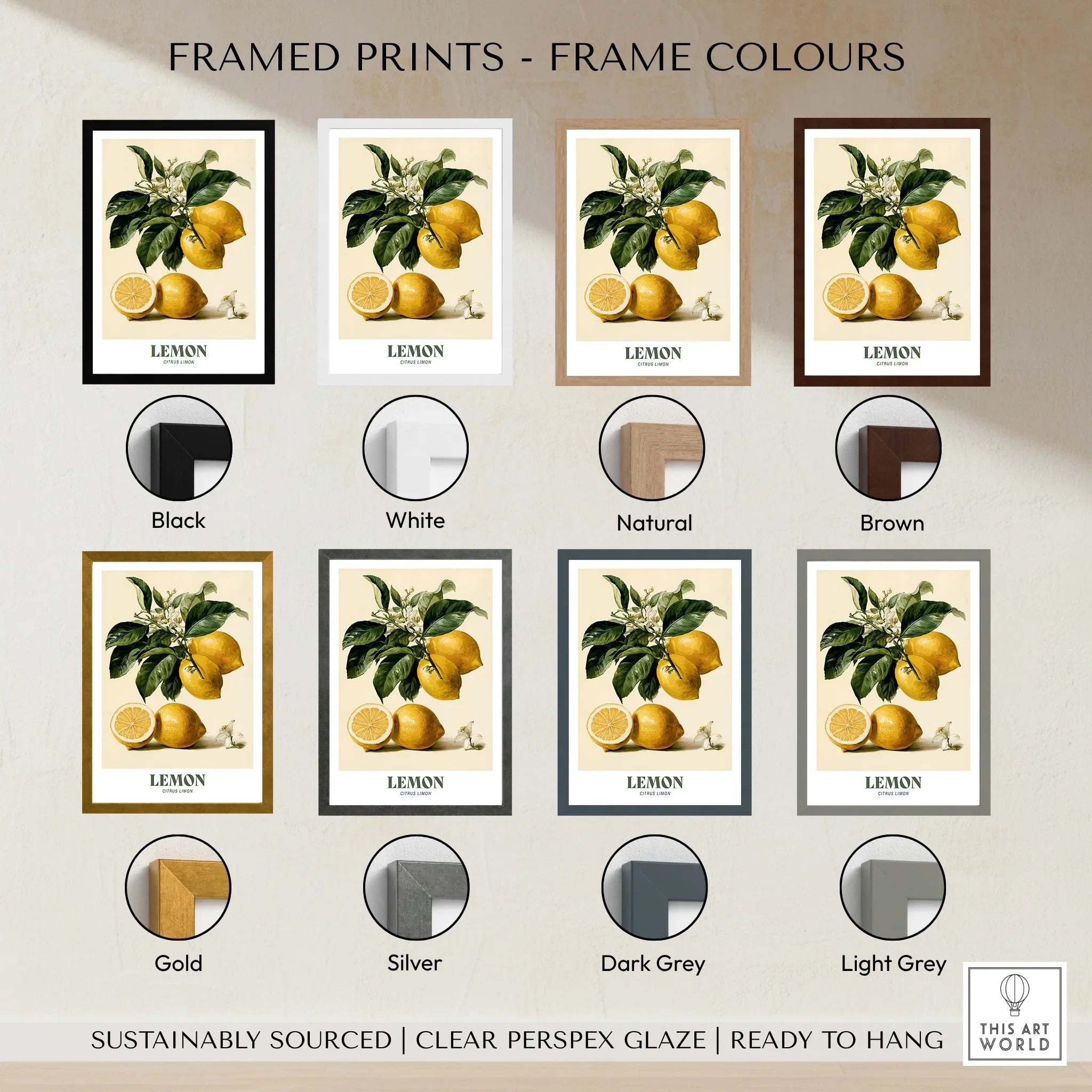 Lemon Botanical Kitchen Wall Art - framed print colour options