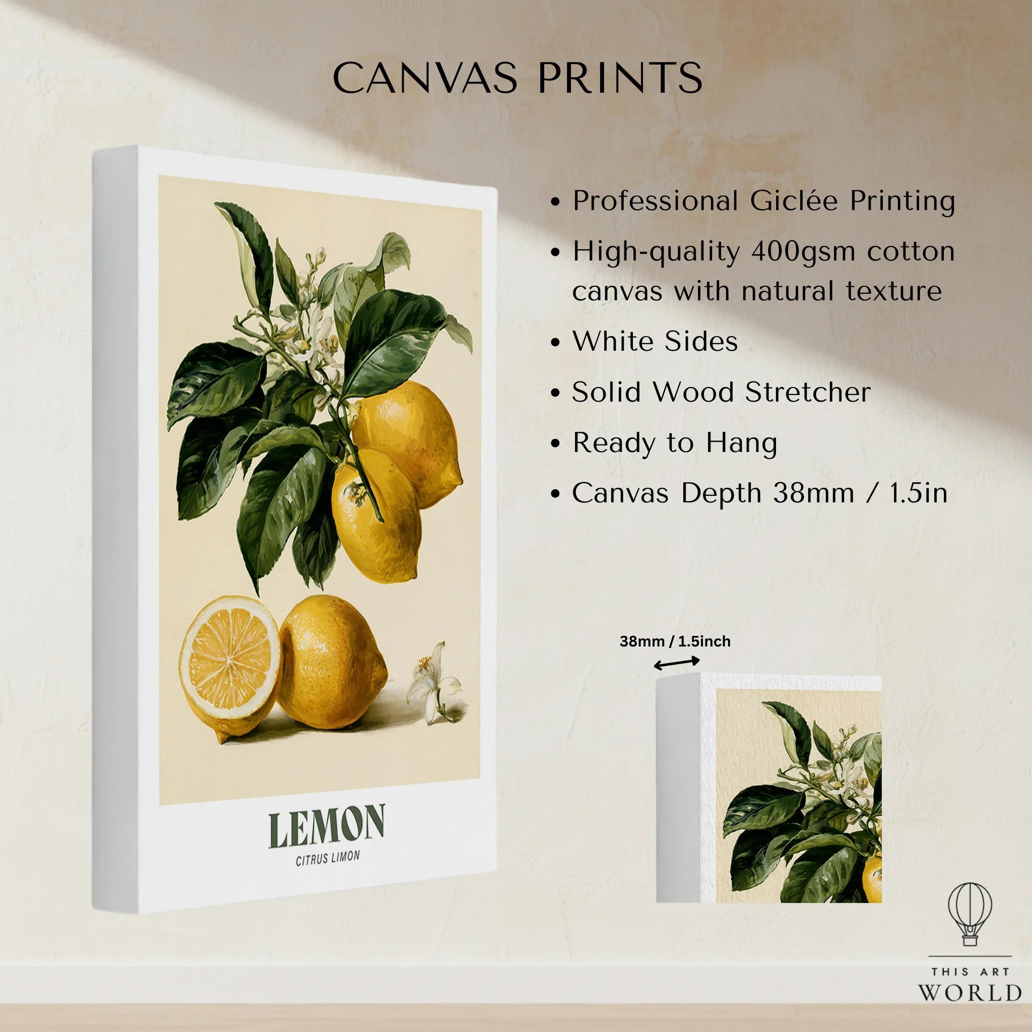 Lemon Botanical Kitchen Wall Art - canvas print stretched cotton canvas details