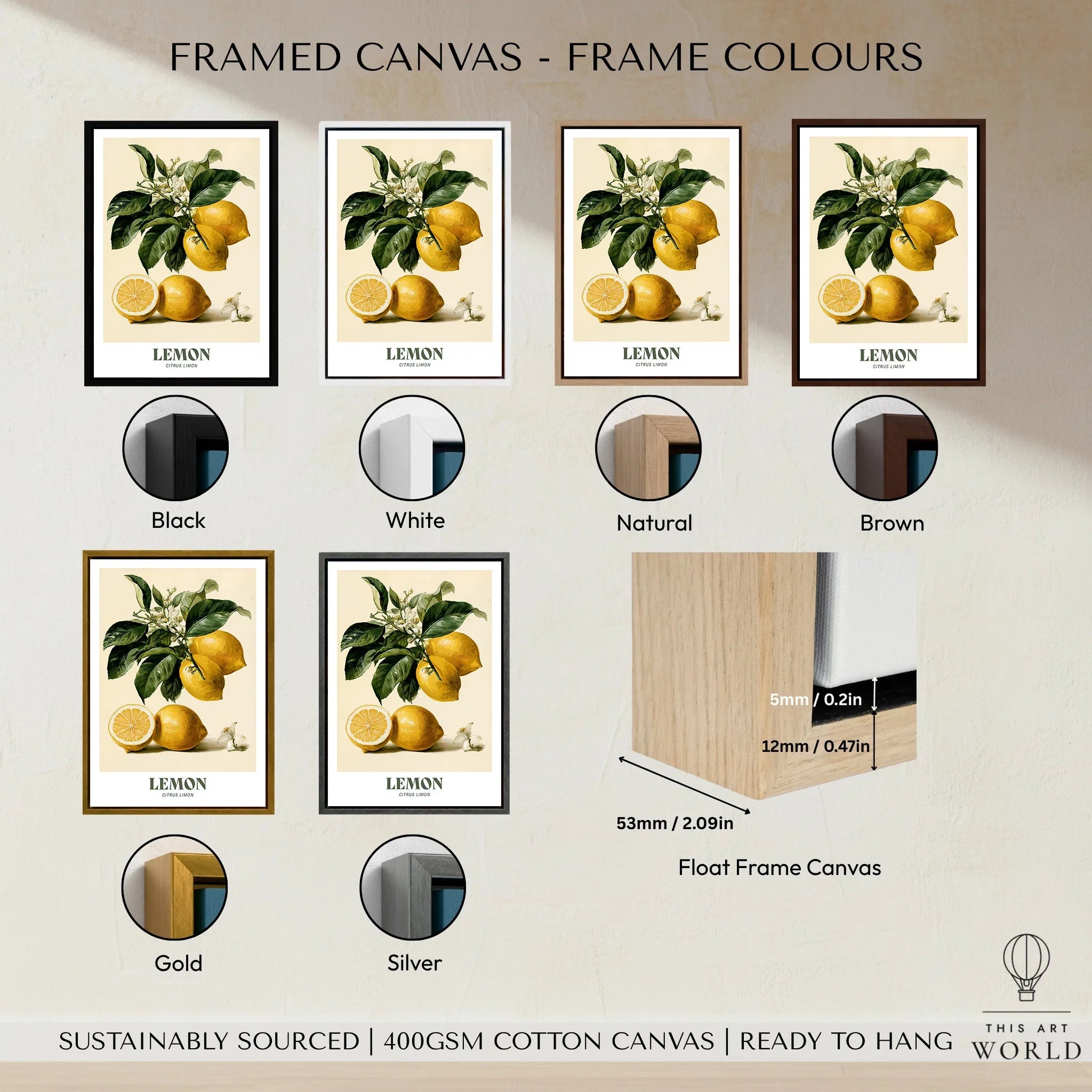 Lemon Botanical Kitchen Wall Art - framed canvas float frame colour options