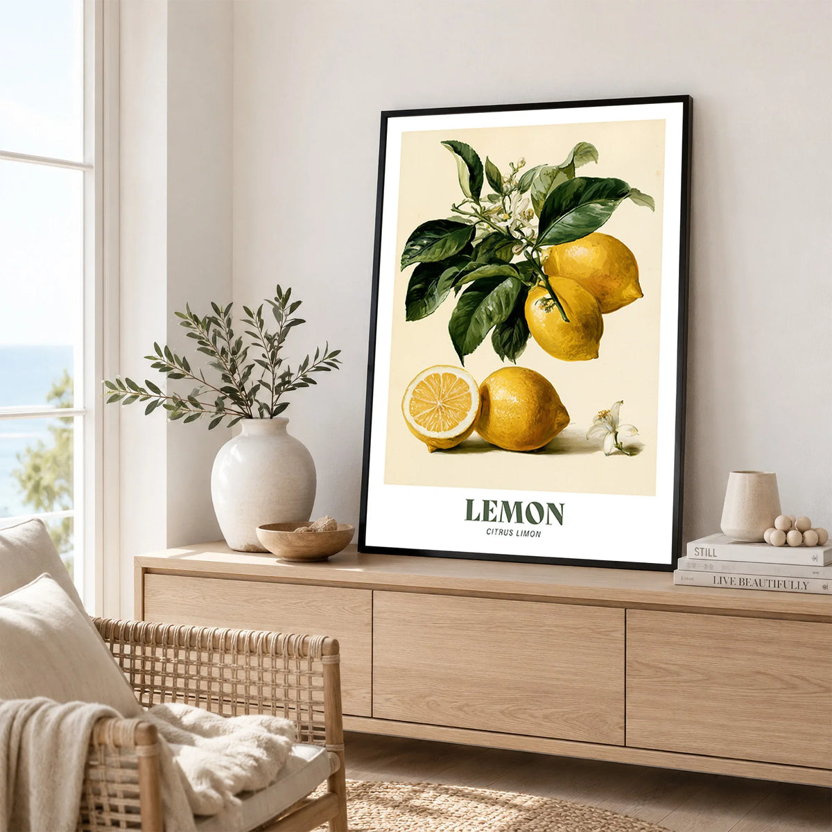 Lemon Botanical Kitchen Wall Art - framed artwork living room lifestyle setting