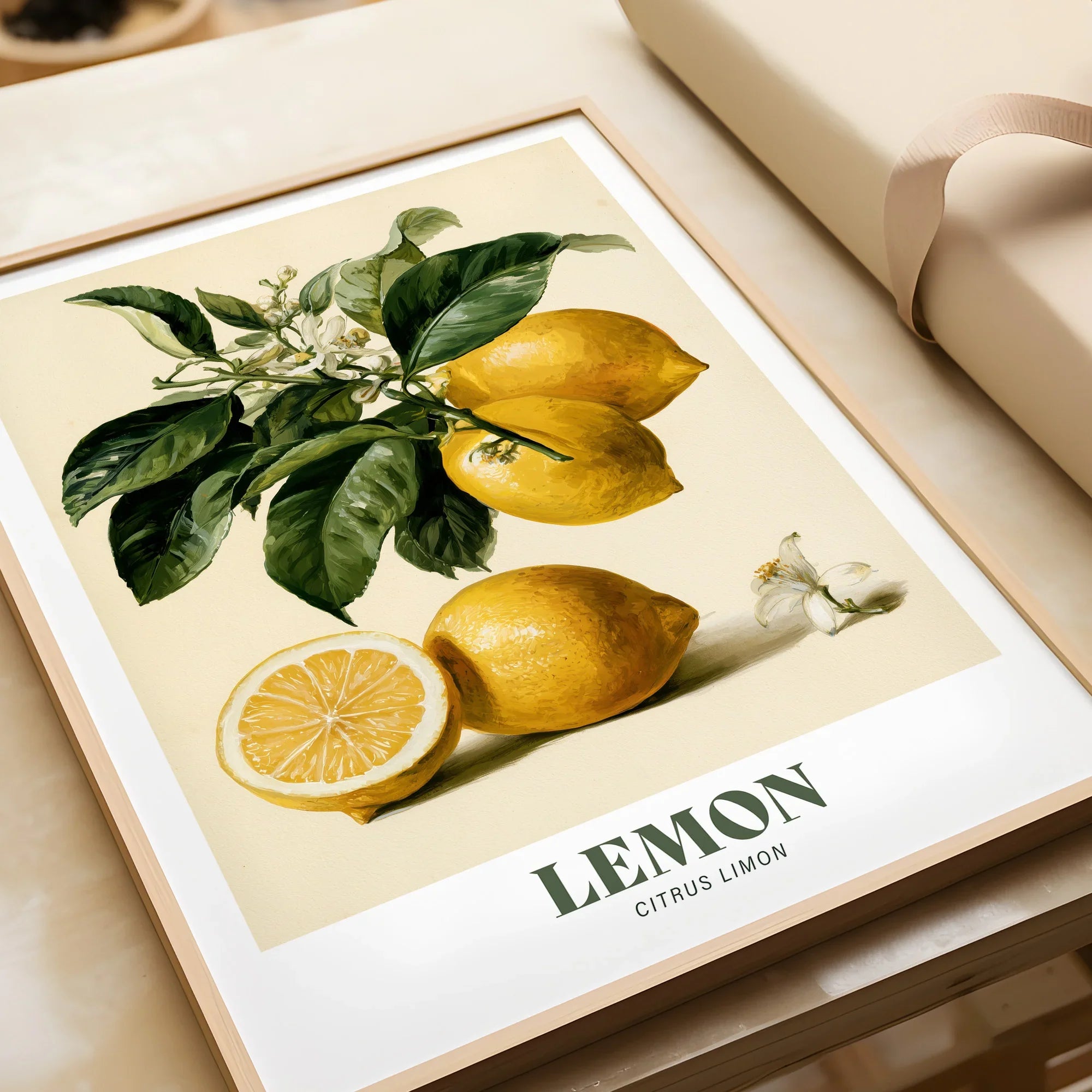 Lemon Botanical Kitchen Wall Art - framed art print closeup gift unwrapped natural frame