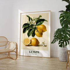 Lemon Botanical Kitchen Wall Art - large framed print room setting chair plant
