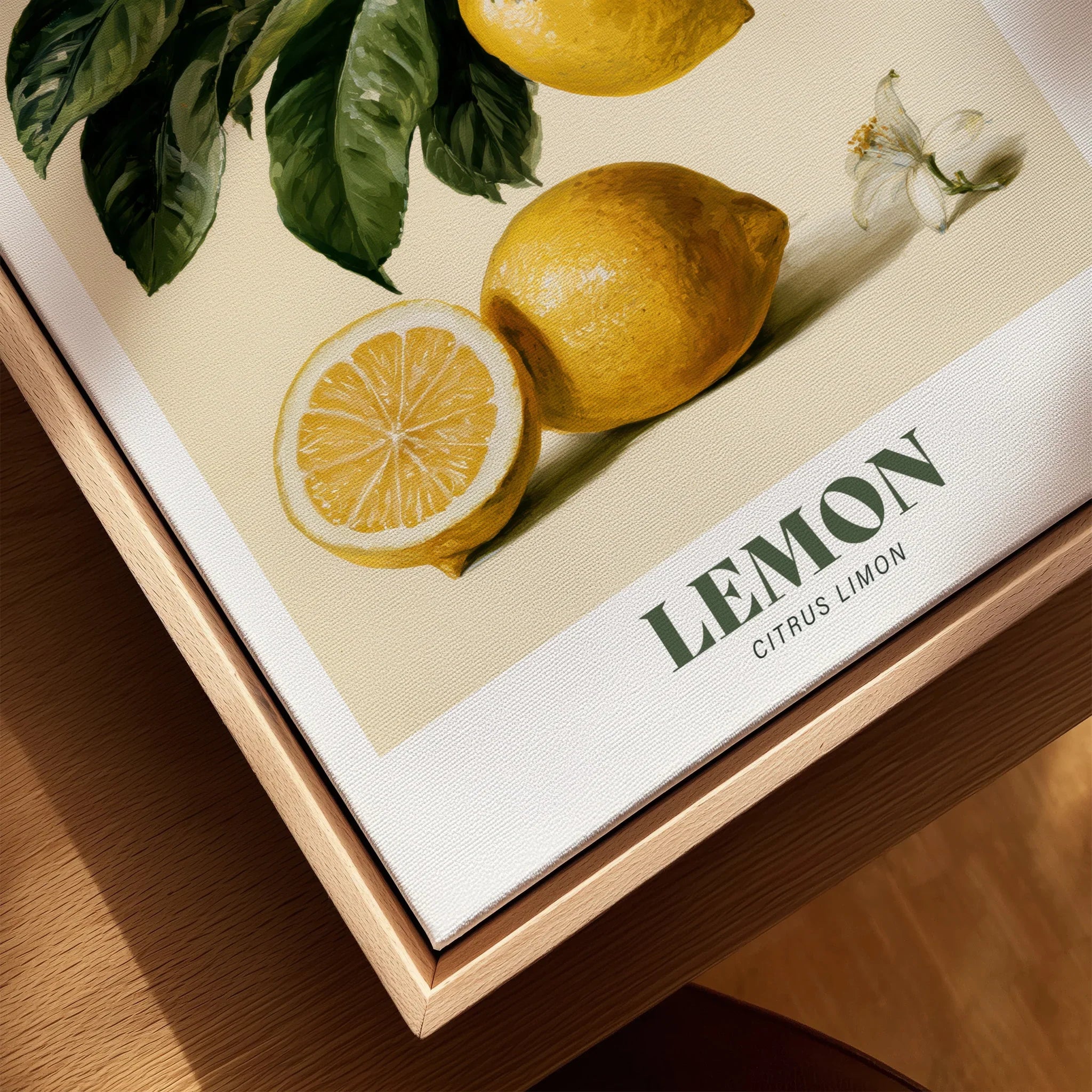 Lemon Botanical Kitchen Wall Art - closeup framed canvas natural wood floating frame