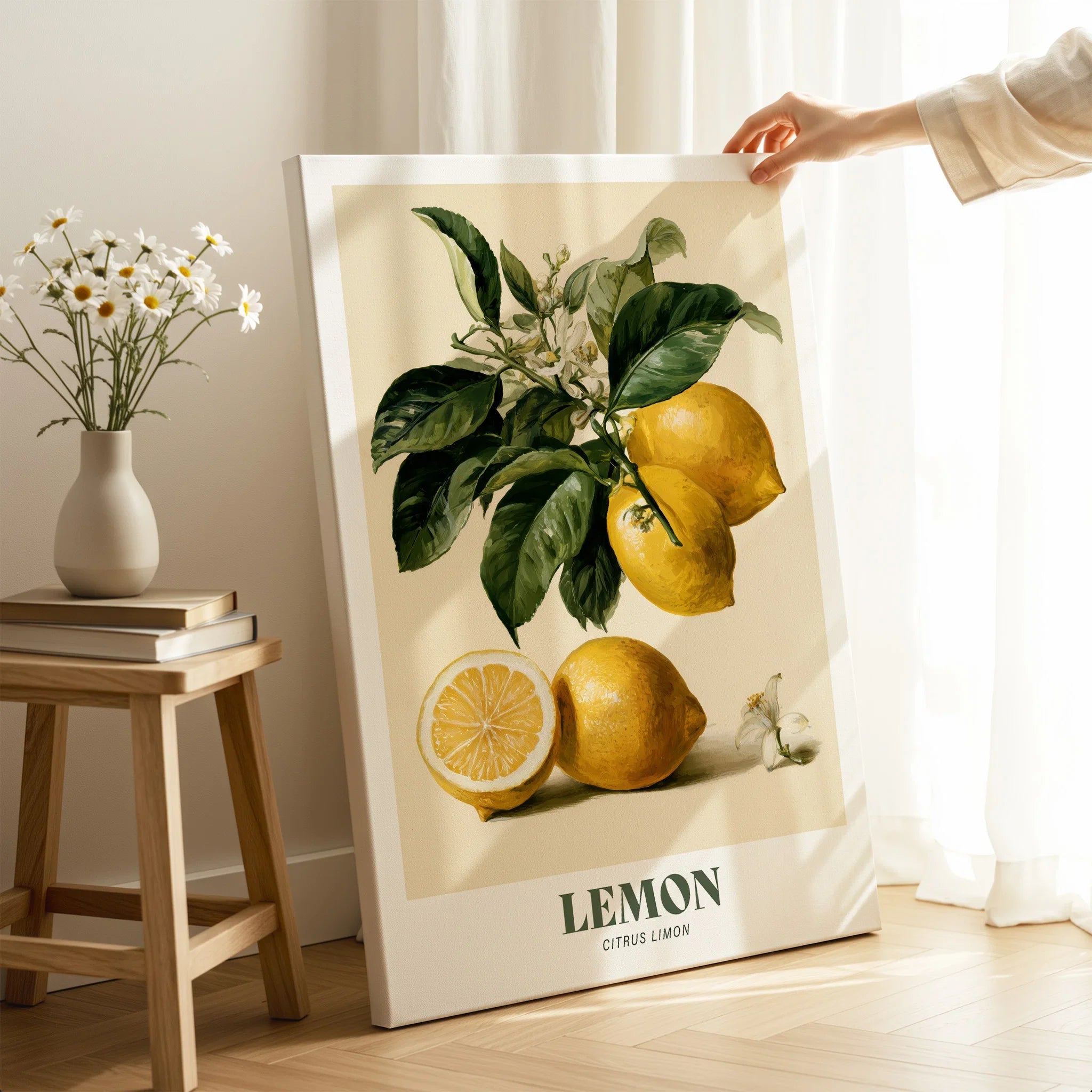 Lemon Botanical Kitchen Wall Art - canvas print mirror edge hand holding room setting