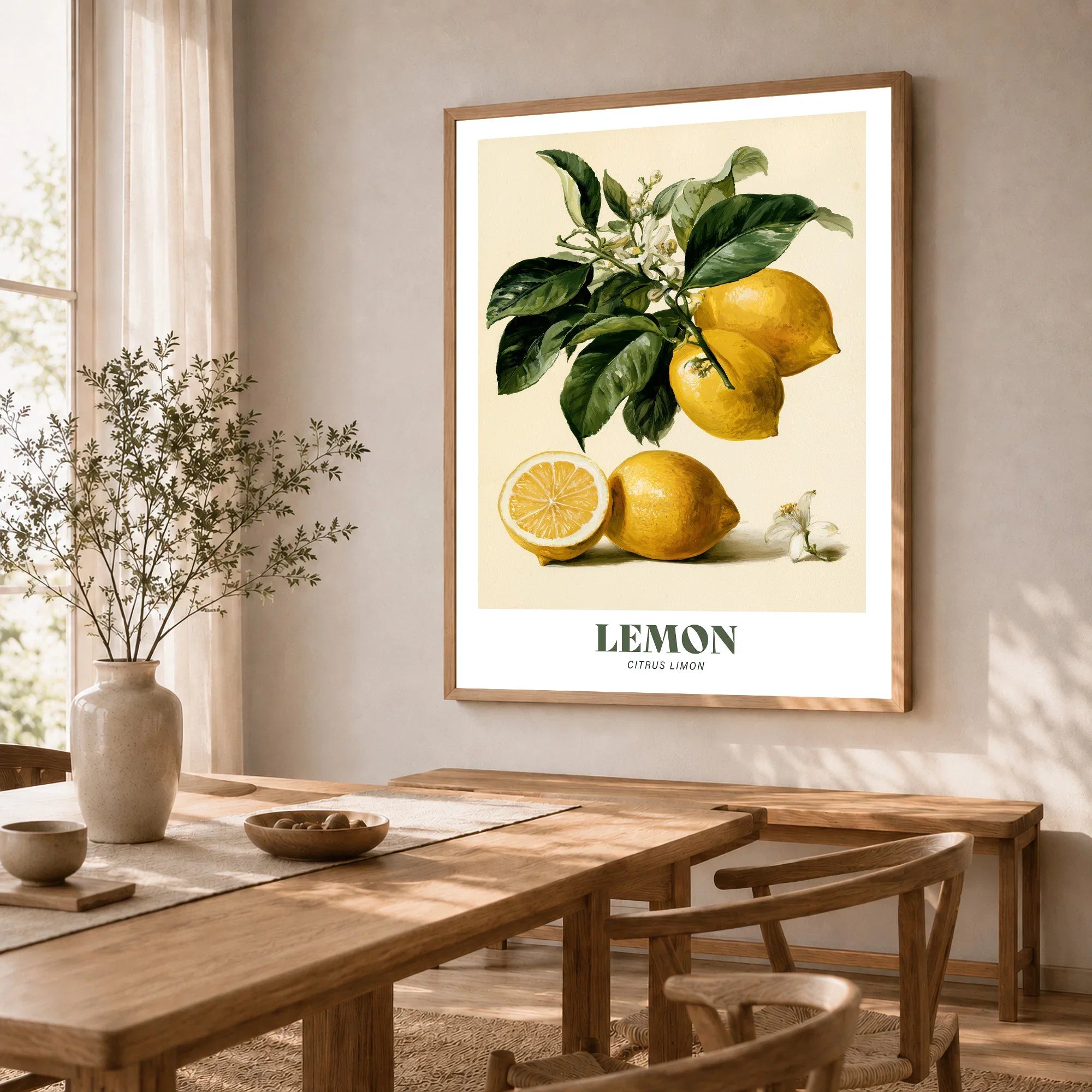 Lemon Botanical Kitchen Wall Art - dining room framed print natural wood frame mockup ThisArtWorld