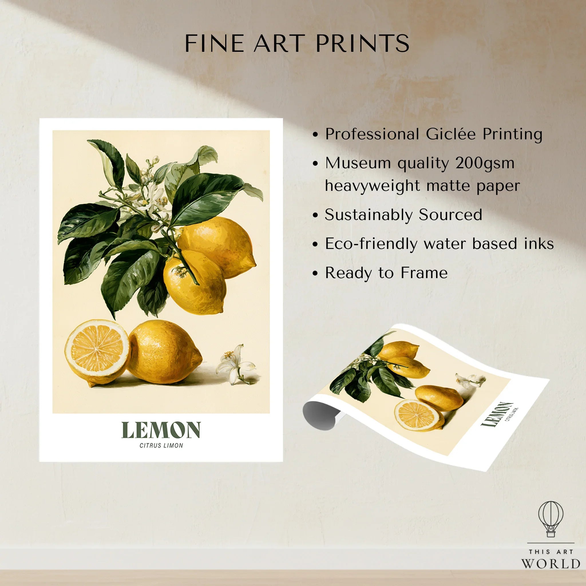Lemon Botanical Kitchen Wall Art - fine art print unframed quality details