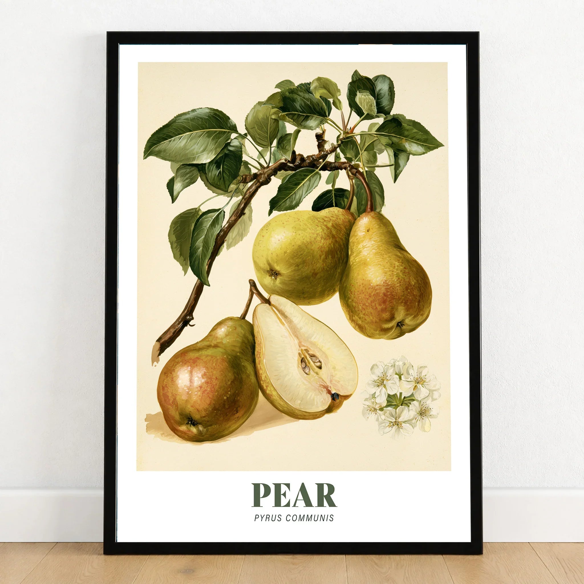 Pear Botanical Kitchen Wall Art - art print in black frame on wooden floor