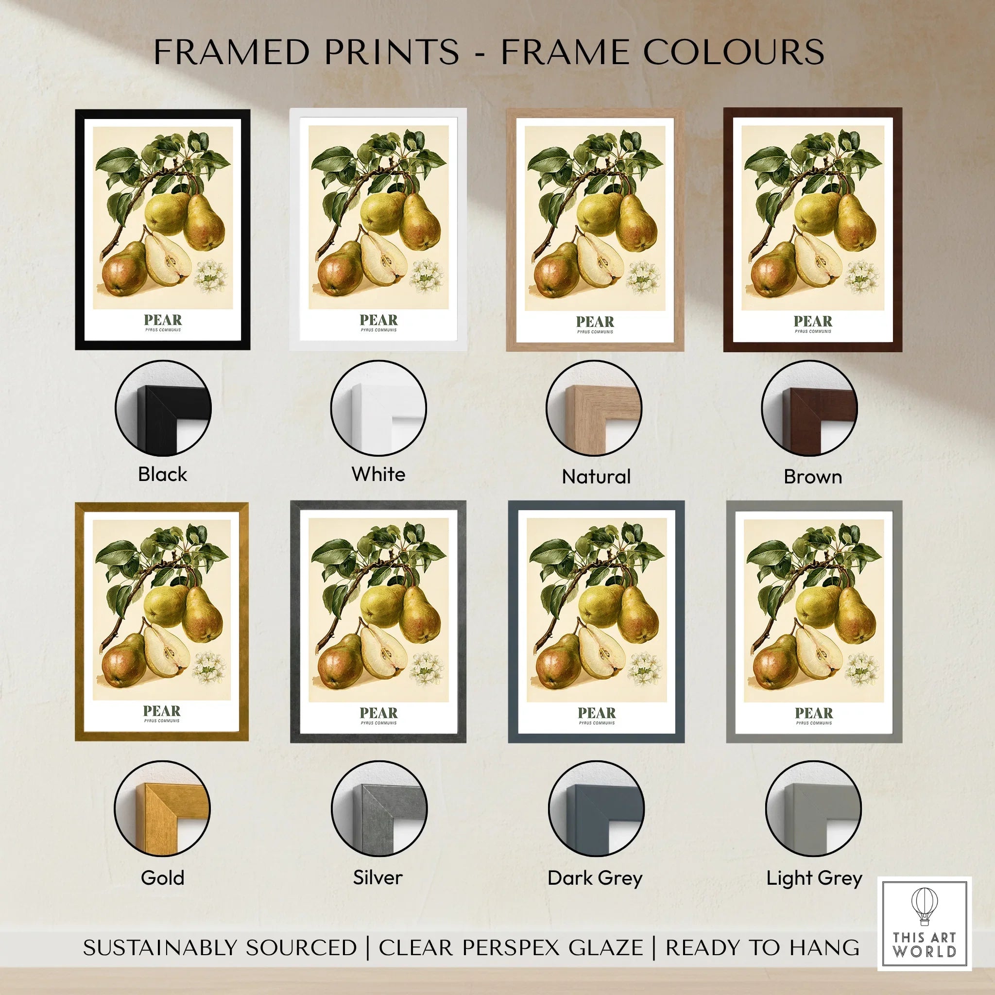 Pear Botanical Kitchen Wall Art - framed print colour options