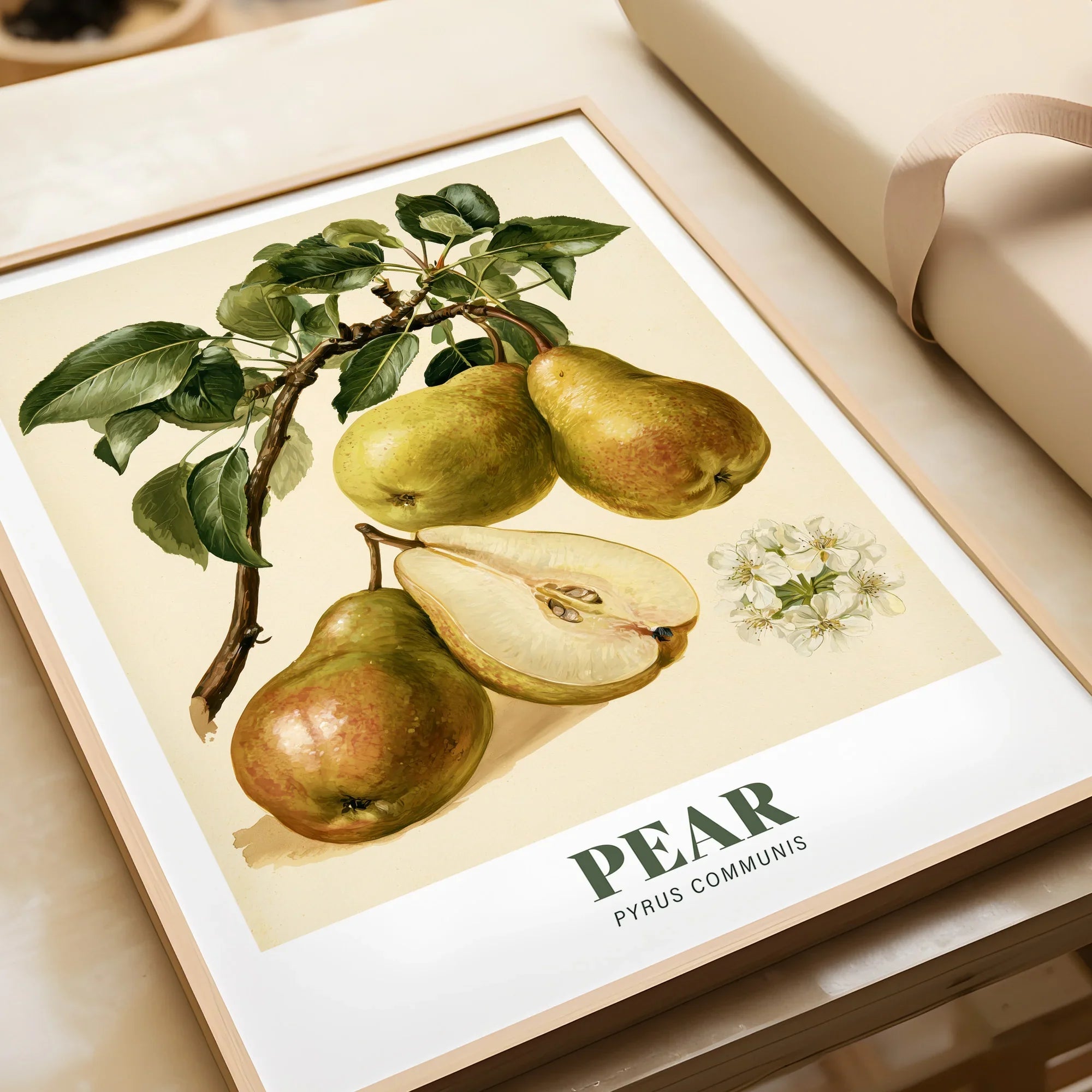 Pear Botanical Kitchen Wall Art - framed art print closeup gift unwrapped natural frame