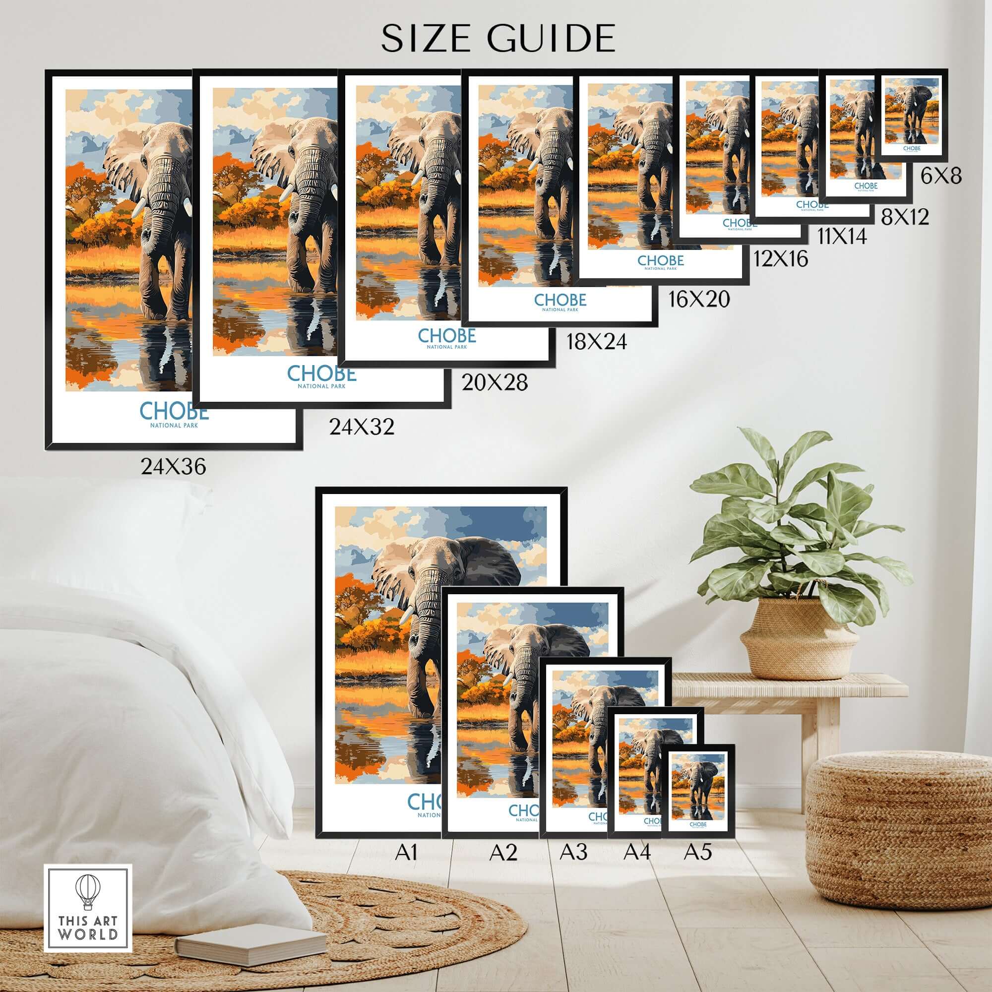 Botswana Elephant Print - Chobe National Park Wildlife Poster Wall Decor Size Guide with various frame sizes