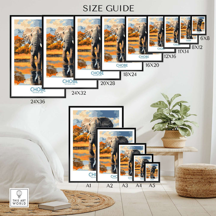 Size guide for Botswana Elephant Print wall art showcasing different dimensions and design options for home decor.