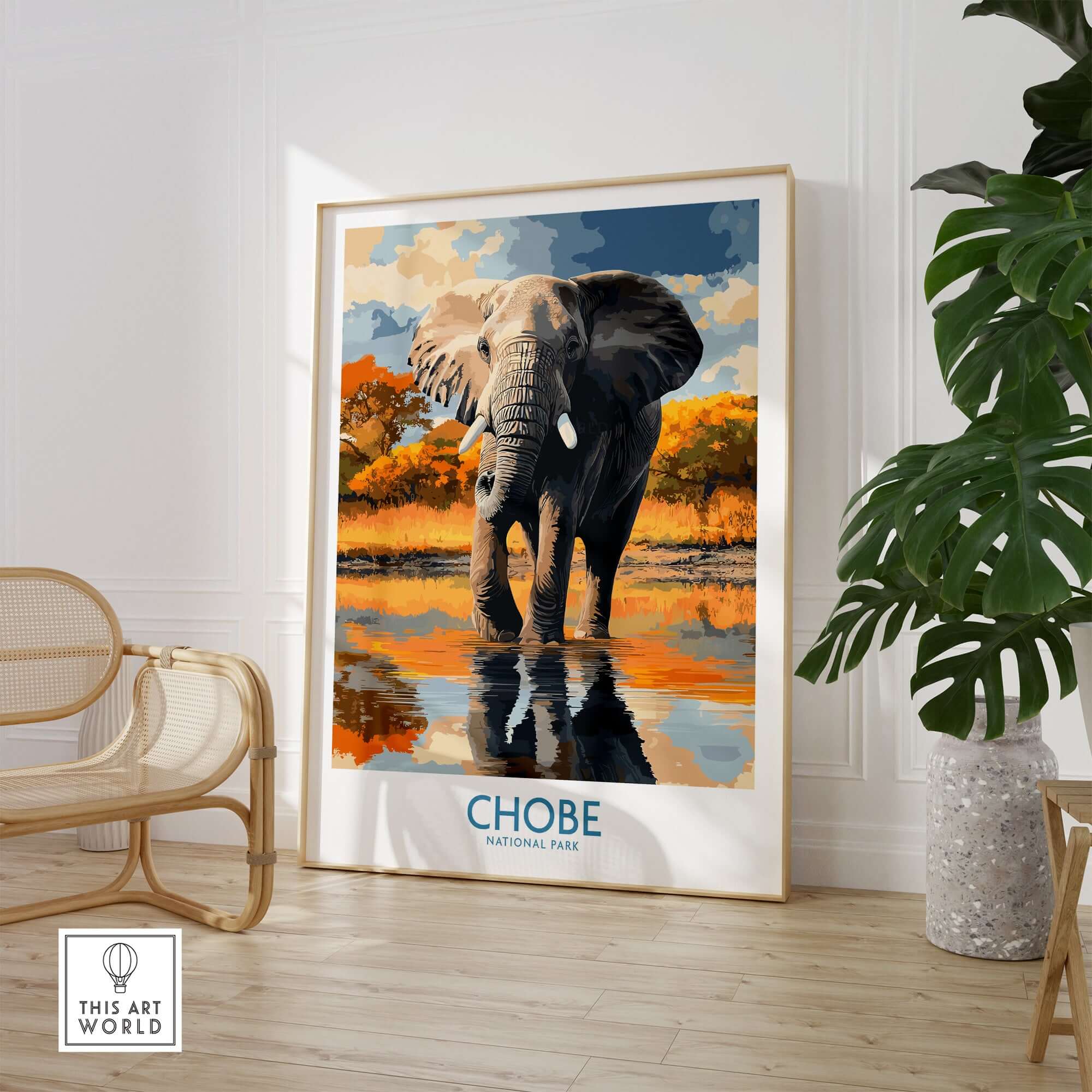 Botswana Elephant Print - Chobe National Park Wildlife Poster Wall Decor showcasing an elephant near water in vibrant colors.
