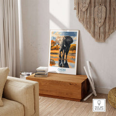 Botswana Elephant Print - Chobe National Park Wildlife Poster Wall Decor featuring an elephant by the water.