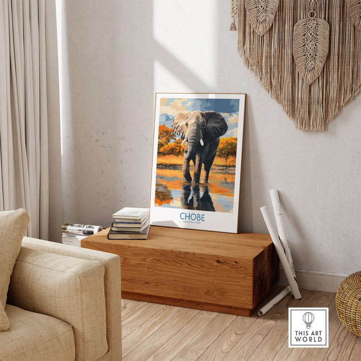 Botswana elephant print poster in a stylish living room, showcasing wildlife decor inspired by Chobe National Park.