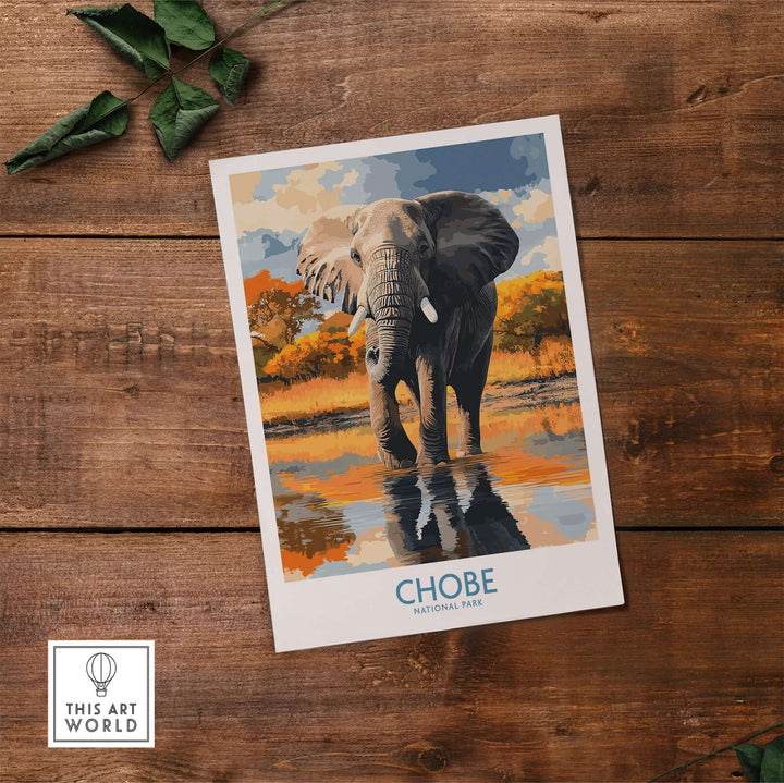 Botswana elephant poster print showcasing Chobe National Park landscapes with vibrant colors.