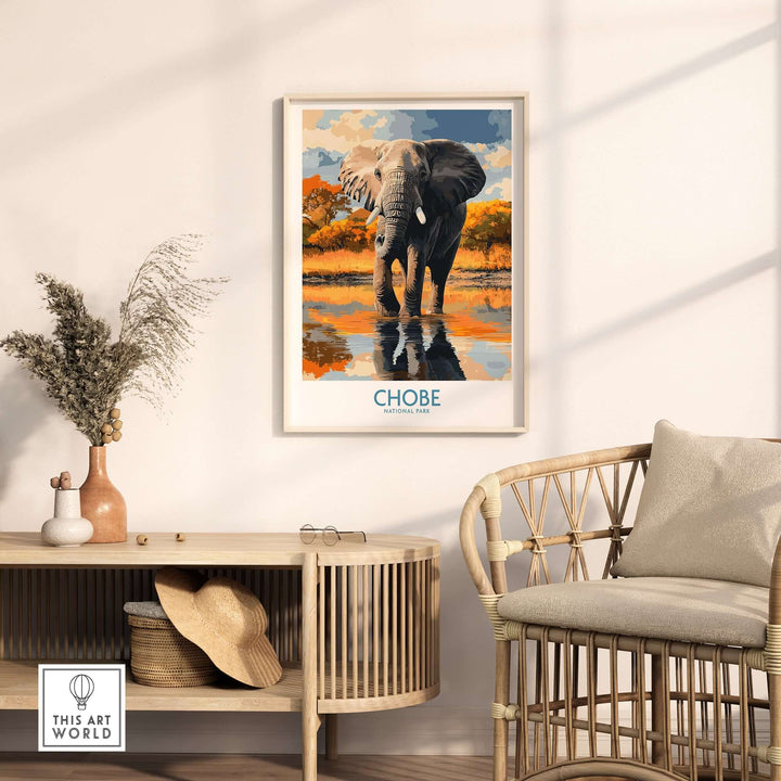 Botswana elephant print in a stylish room setting, showcasing Chobe National Park wall decor.