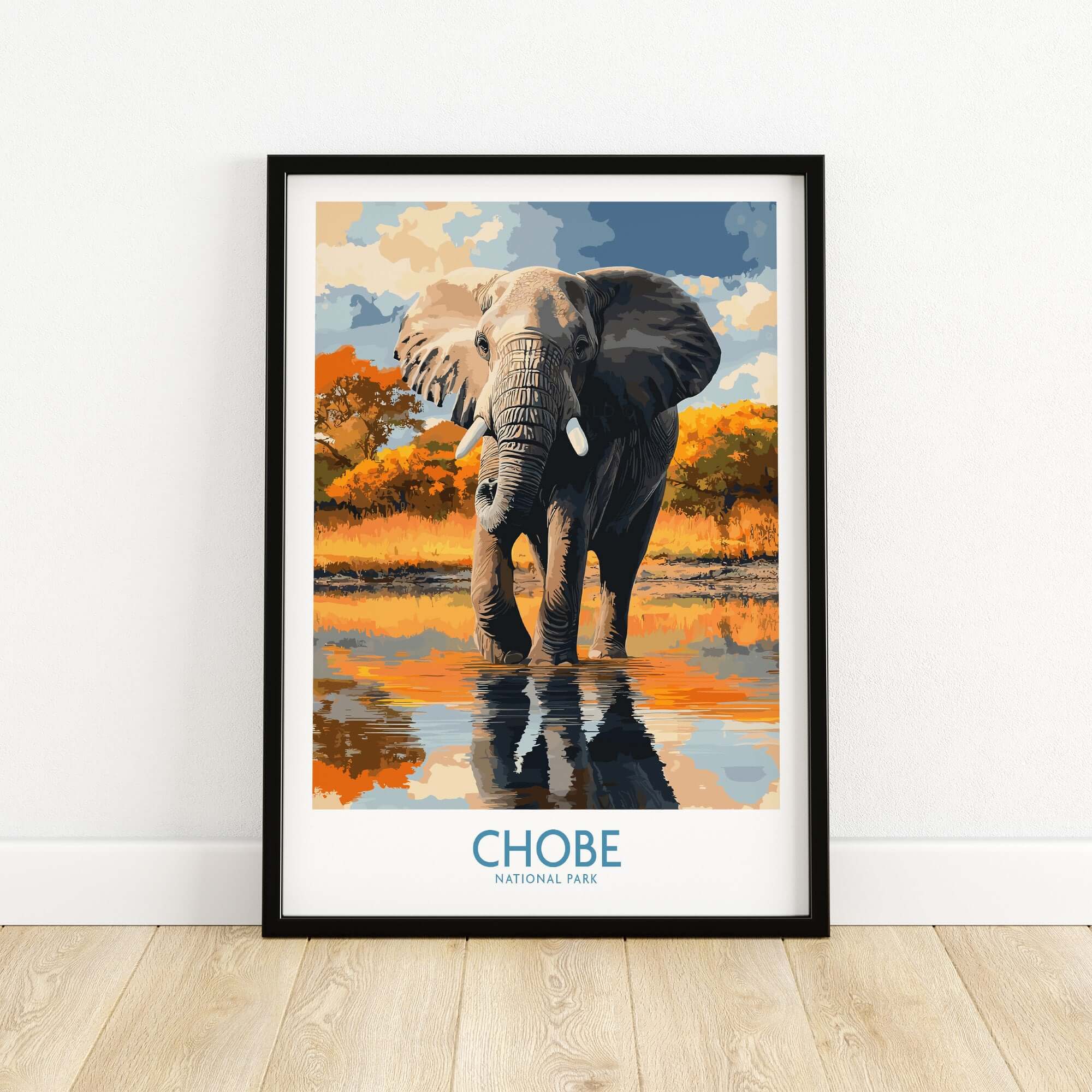 Botswana Elephant Print - Chobe National Park Wildlife Poster Wall Decor featuring a majestic elephant in Chobe National Park.