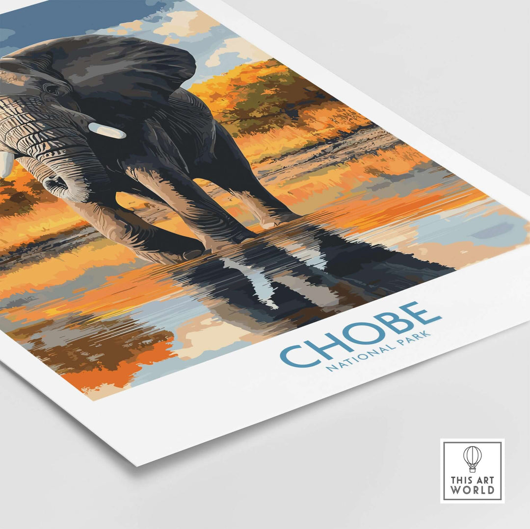 Botswana elephant print poster depicting Chobe National Park with vibrant colors and reflections in water.