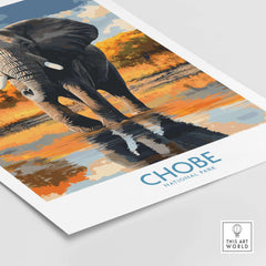 Botswana Elephant Print - Chobe National Park Wildlife Poster Wall Decor featuring a majestic elephant reflection.