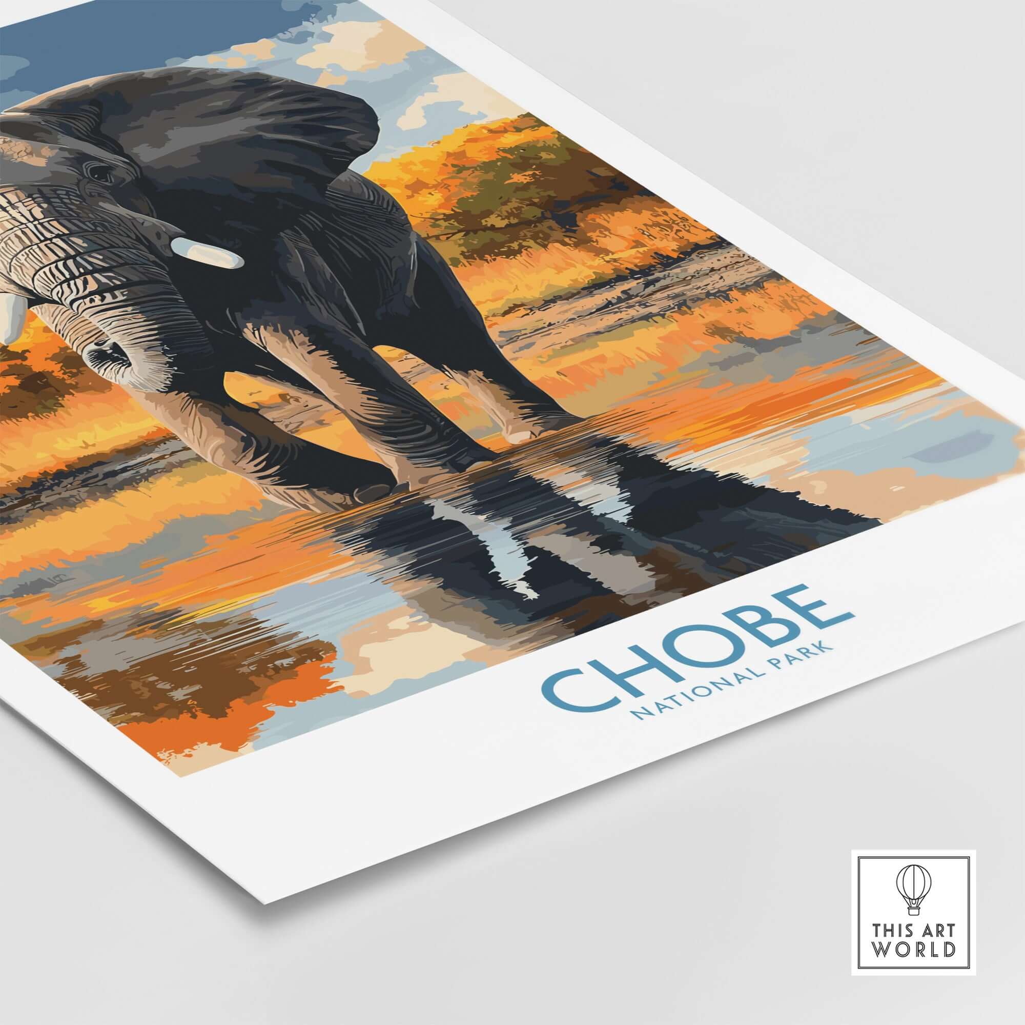 Botswana Elephant Print - Chobe National Park Wildlife Poster Wall Decor featuring a majestic elephant reflection.
